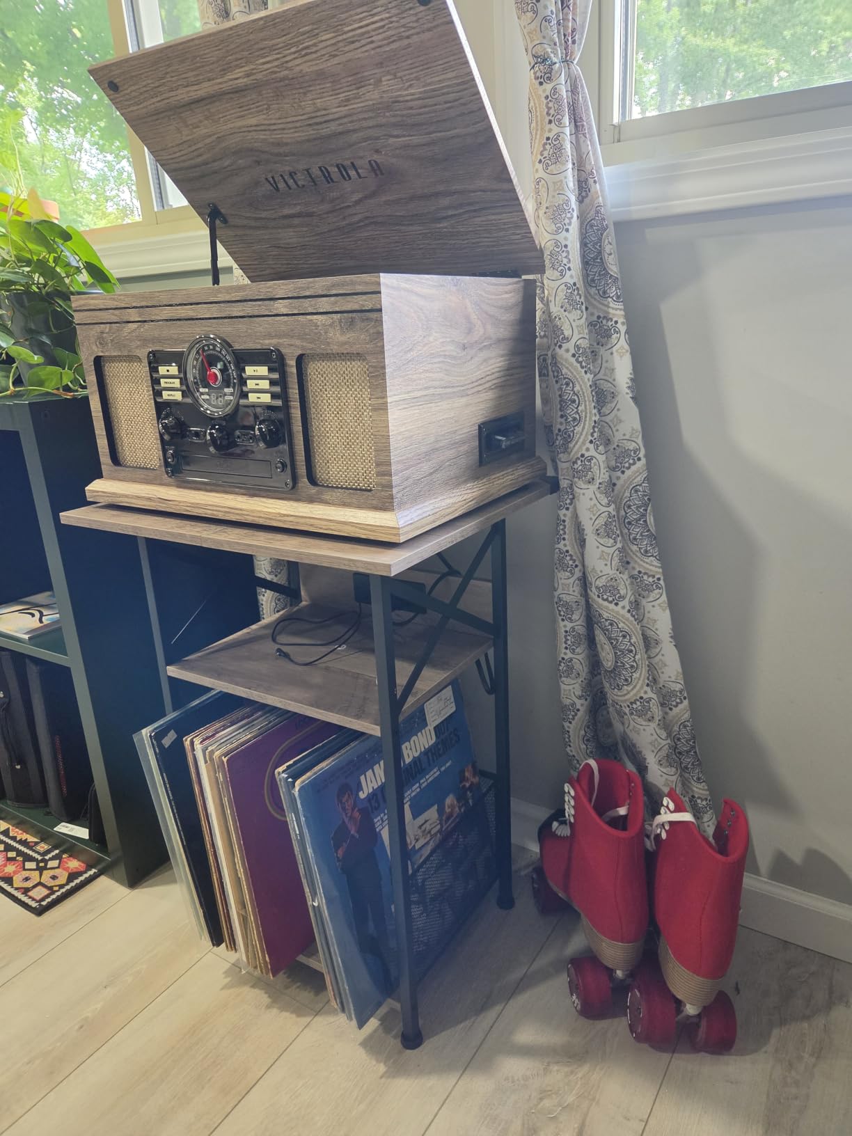AMHANCIBLE Record Player Stand with Charging Station, Vinyl Record Storage | Turntable Stand with Type-C, Vinyl Record Player Table Holds 100 Albums, 3 Tier End Table Living Room, Rustic Brown customer photo 2