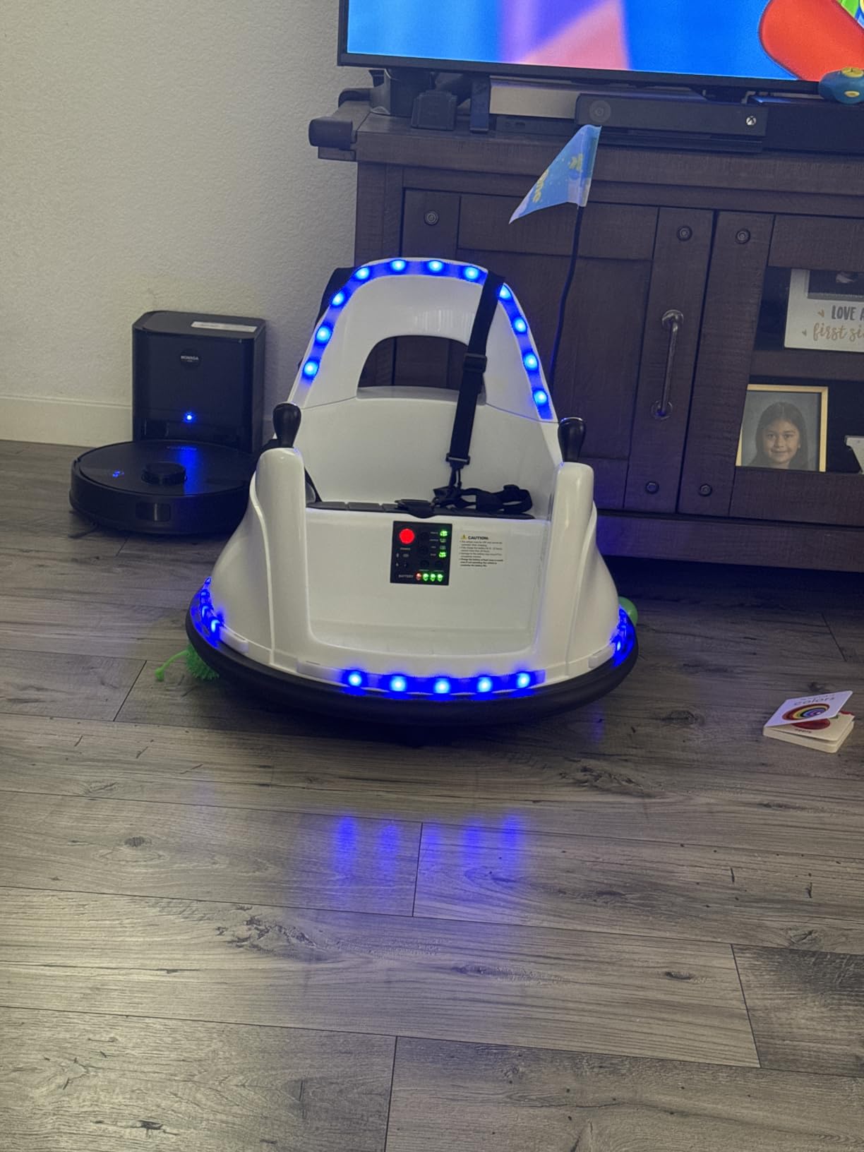 Smart Electric Bumper Car Ride On for Toddlers Ages 1.5-6, Purple | 12V Bumping Toy Gifts w/Remote & APP Control, 2 Speed Modes, LED Lights, Bluetooth Music, 360° Spin, DIY Sticker customer photo 1