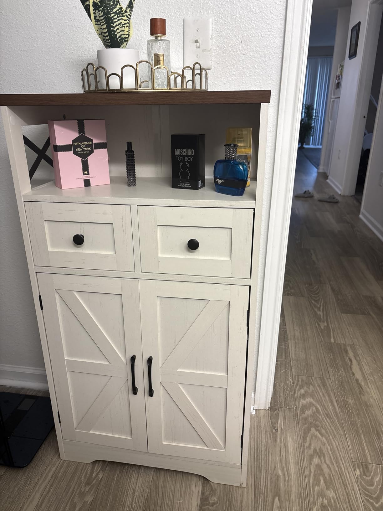 Farmhouse Storage Cabinet with Drawers, Small Kitchen Pantry Cabinet, White | Accent Coffee Bar Cabinet Cupboard, 2 Drawers, 2 Barn Doors & Adjustable Shelves, for Kitchen/Entryway/Living Room/Bathroom customer photo 2