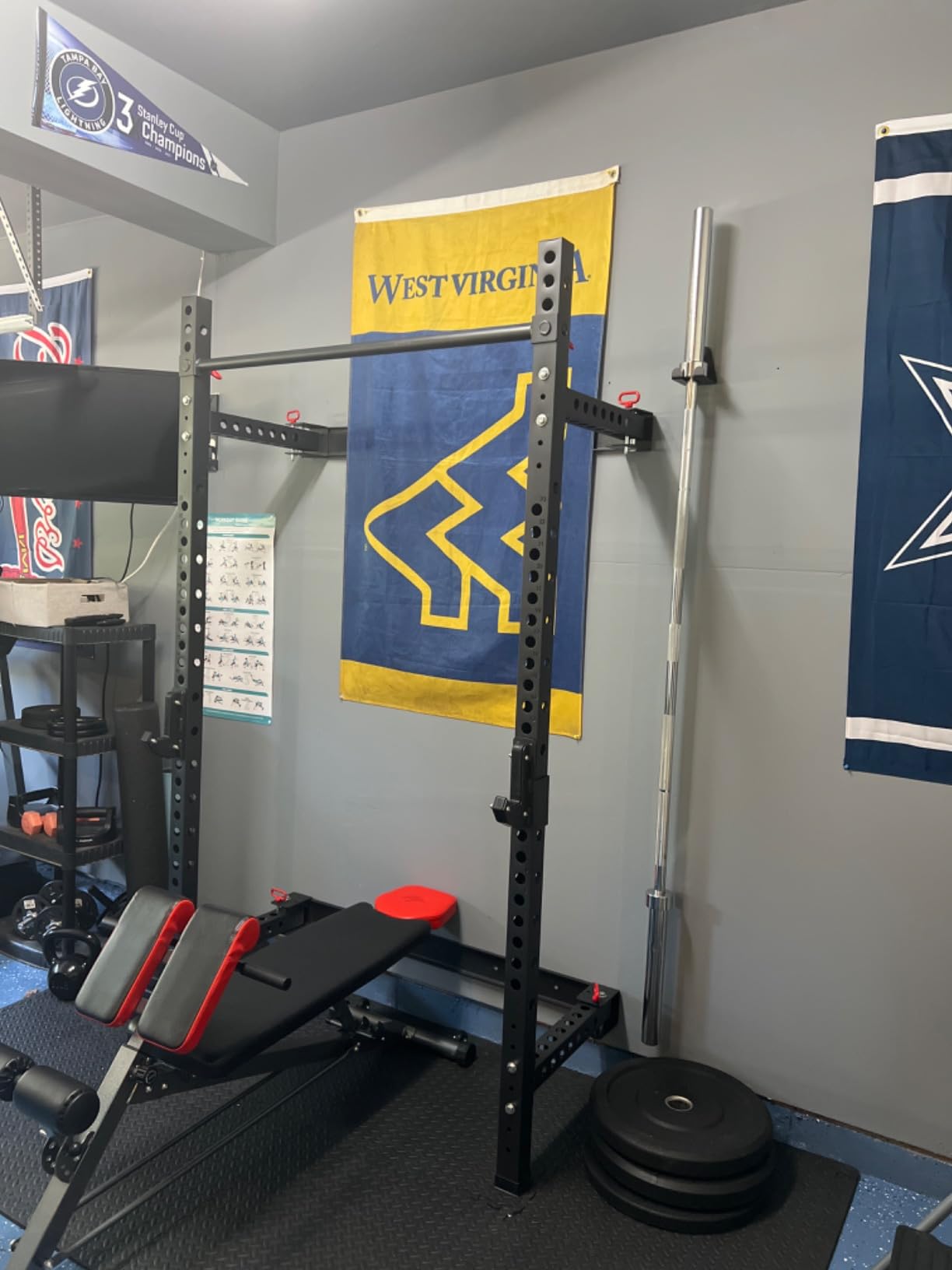 RitFit 2.36'' x 2.36'' Folding Squat Rack for Home Gym, Wall Mounted Squat Rack with Attachments - Space Saving Squat Power Rack customer photo 1