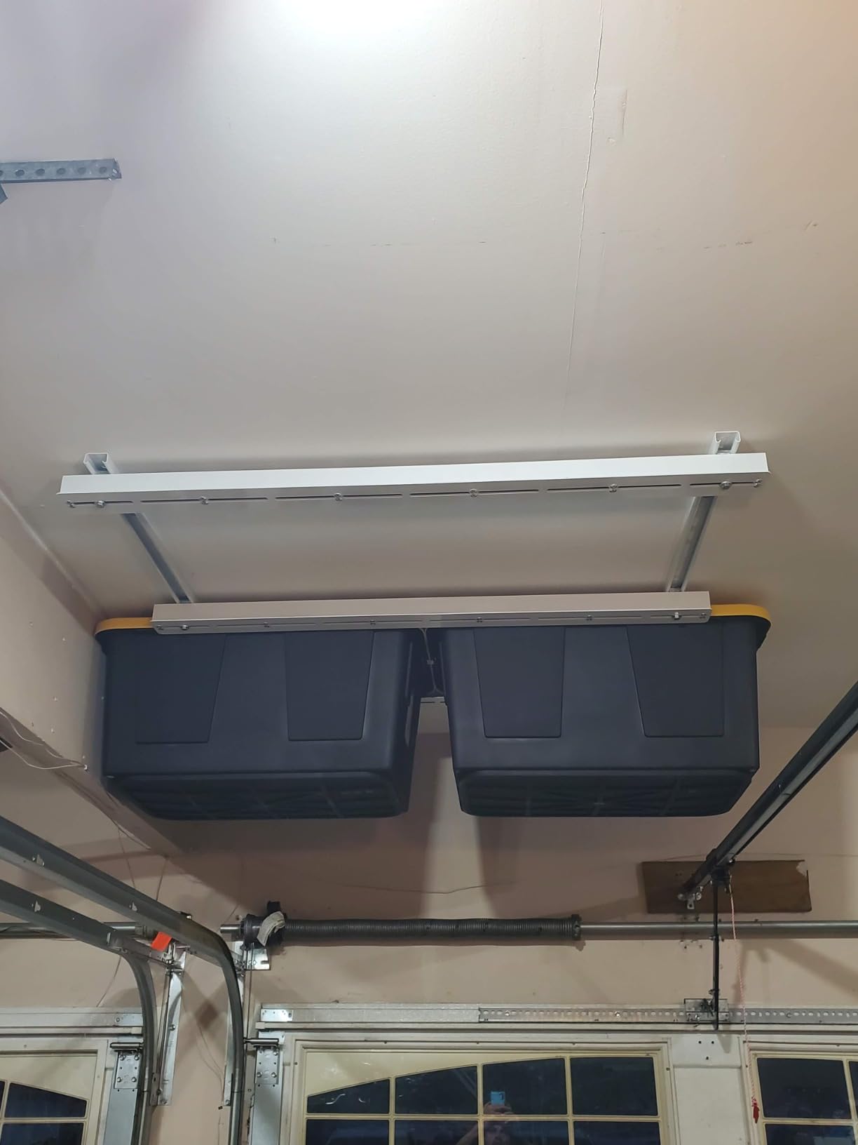 TORACK Garage Ceiling Bin Storage Rack, Overhead Tote Storage Rails System | Heavy Duty, Adjustable, Tote Slide Rails, Garage Bins Storage, Holds 4 27-Gallon Totes, Black customer photo 1
