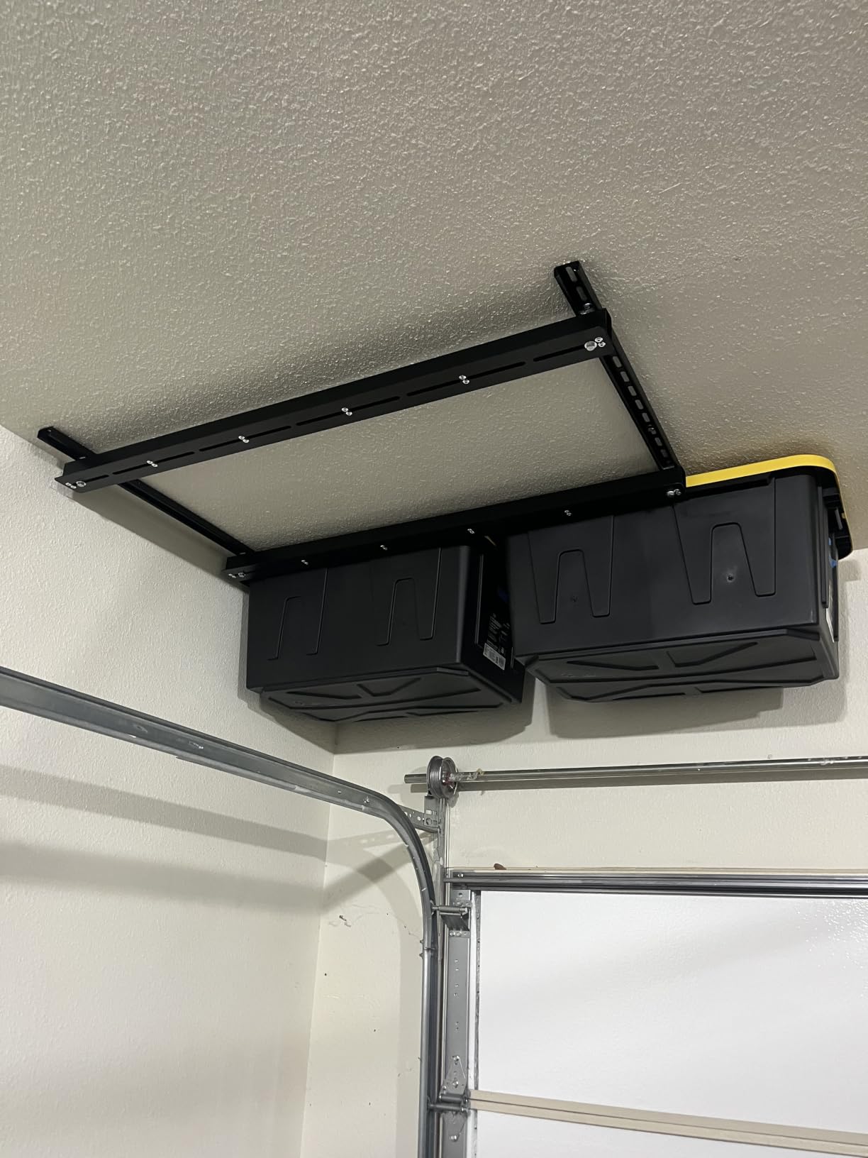 TORACK Garage Ceiling Bin Storage Rack, Overhead Tote Storage Rails System | Heavy Duty, Adjustable, Tote Slide Rails, Garage Bins Storage, Holds 4 27-Gallon Totes, Black customer photo 2
