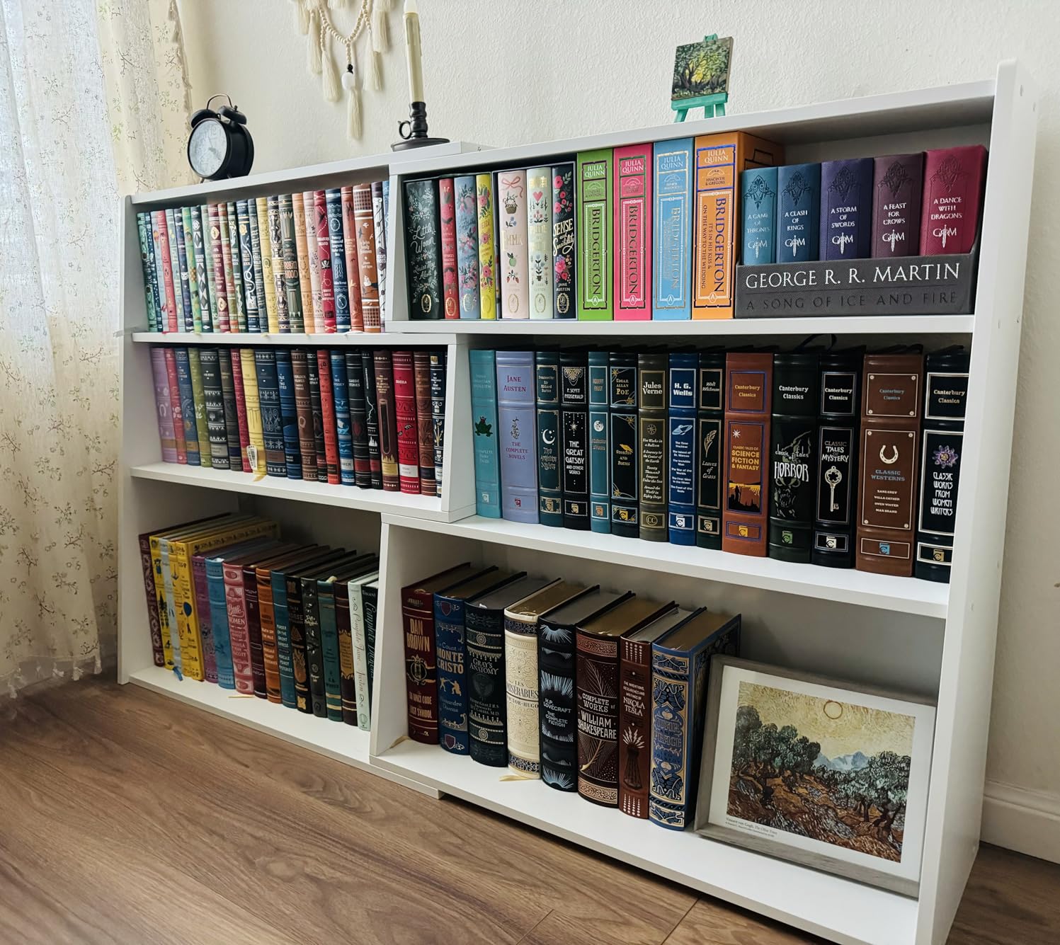 IOTXY Wooden Extendable Shelf Bookcase, 3-Tier Low Bookshelf, Walnut, L | Adjustable Two-piece Design, 6 Open Cubbies, Extends 31.5