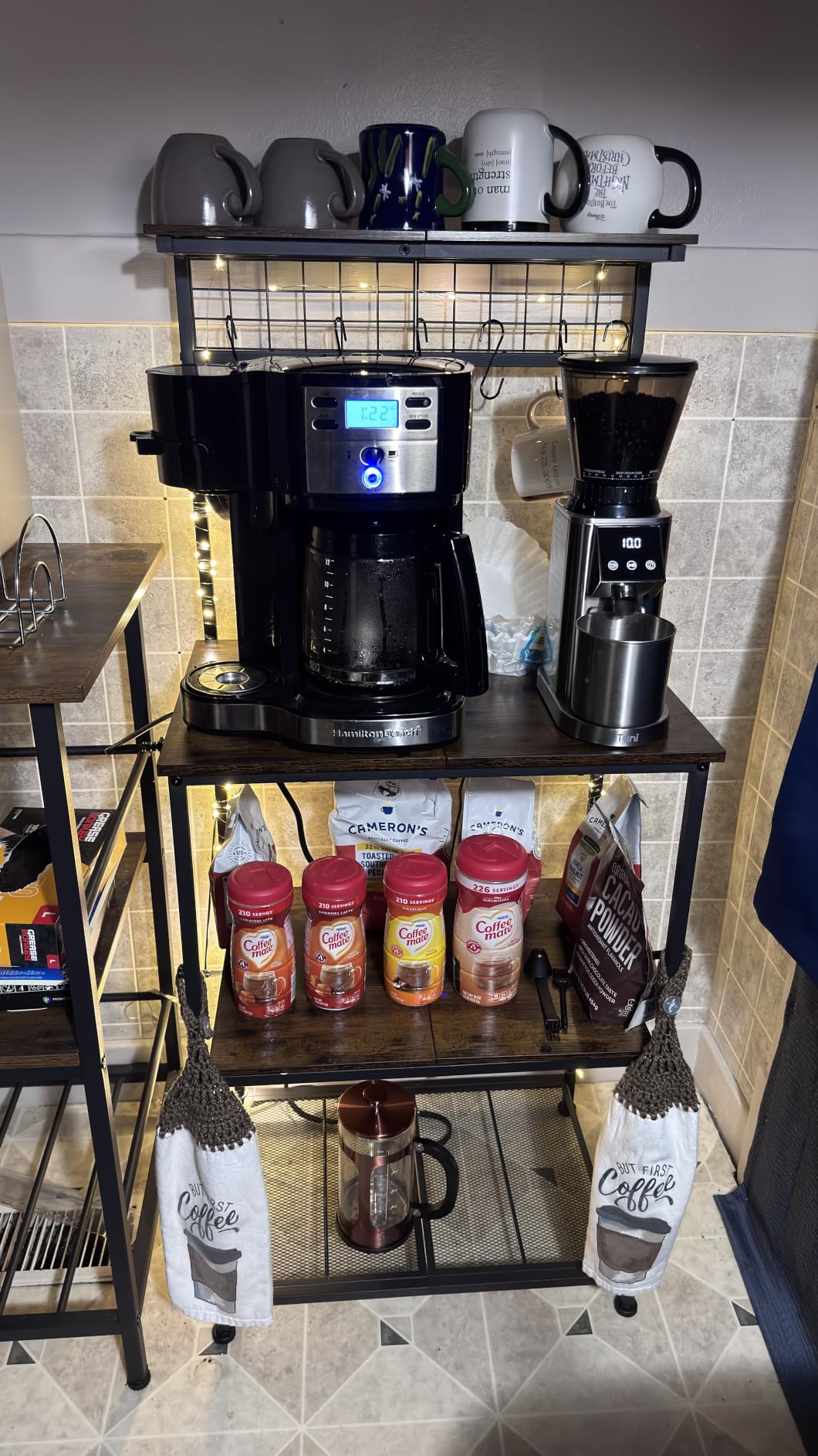 Furologee Kitchen Bakers Rack with Power Outlet, Microwave Oven Stand with Storage 4 Tiers, Coffee Bar Table with 6 S Hooks, Kitchen Storage Shelf Rack for Spices, Pots, Rustic Brown customer photo 1