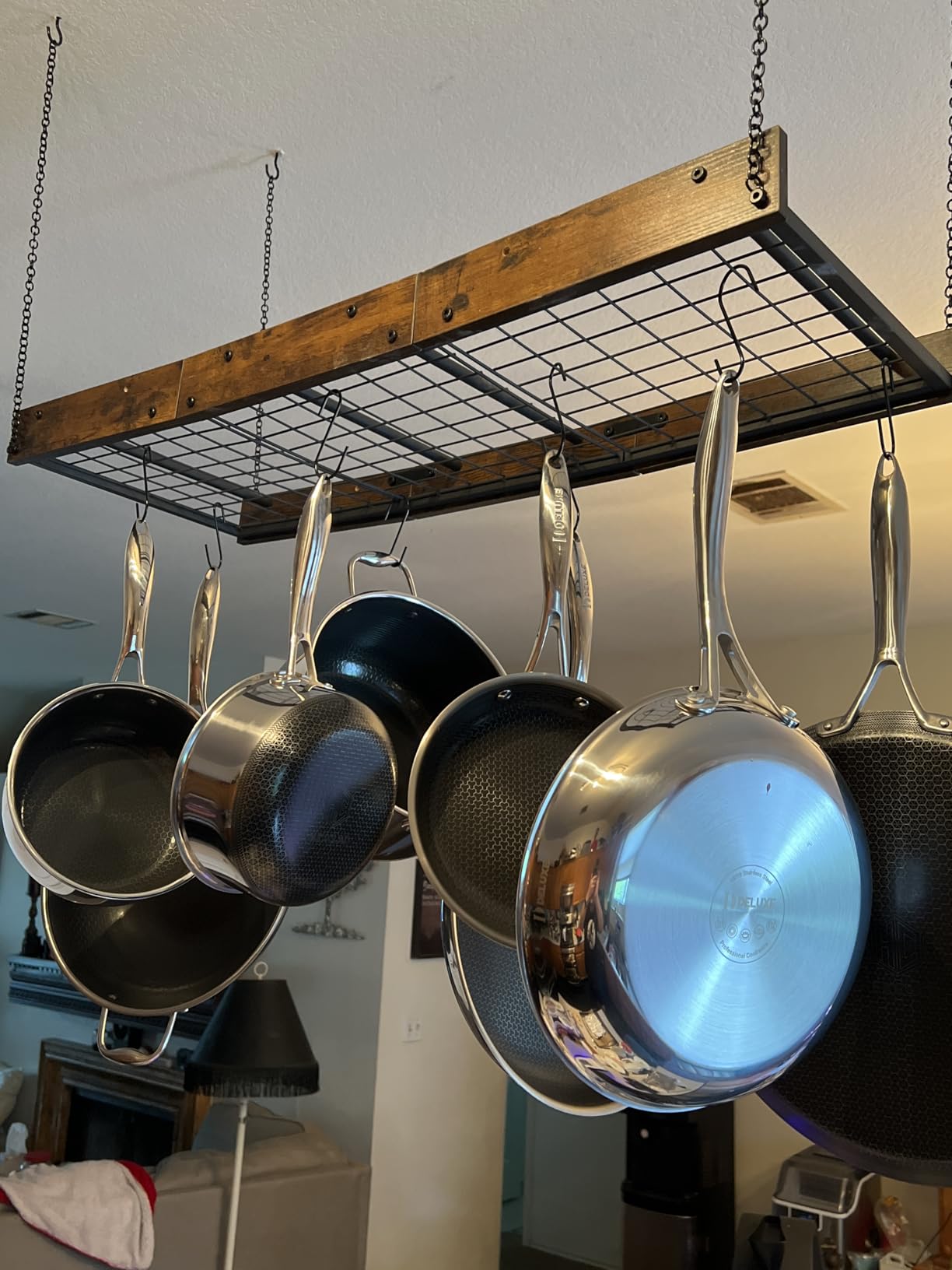 CHOEZON Hanging Pot Rack, Vintage Pot Hangers for Kitchen, Ceiling Mounted Pot Rack, Pot and Pan Hanging Rack with 12 S-Shaped Hooks, for Cookware Storage, Rustic Brown and Black customer photo 1