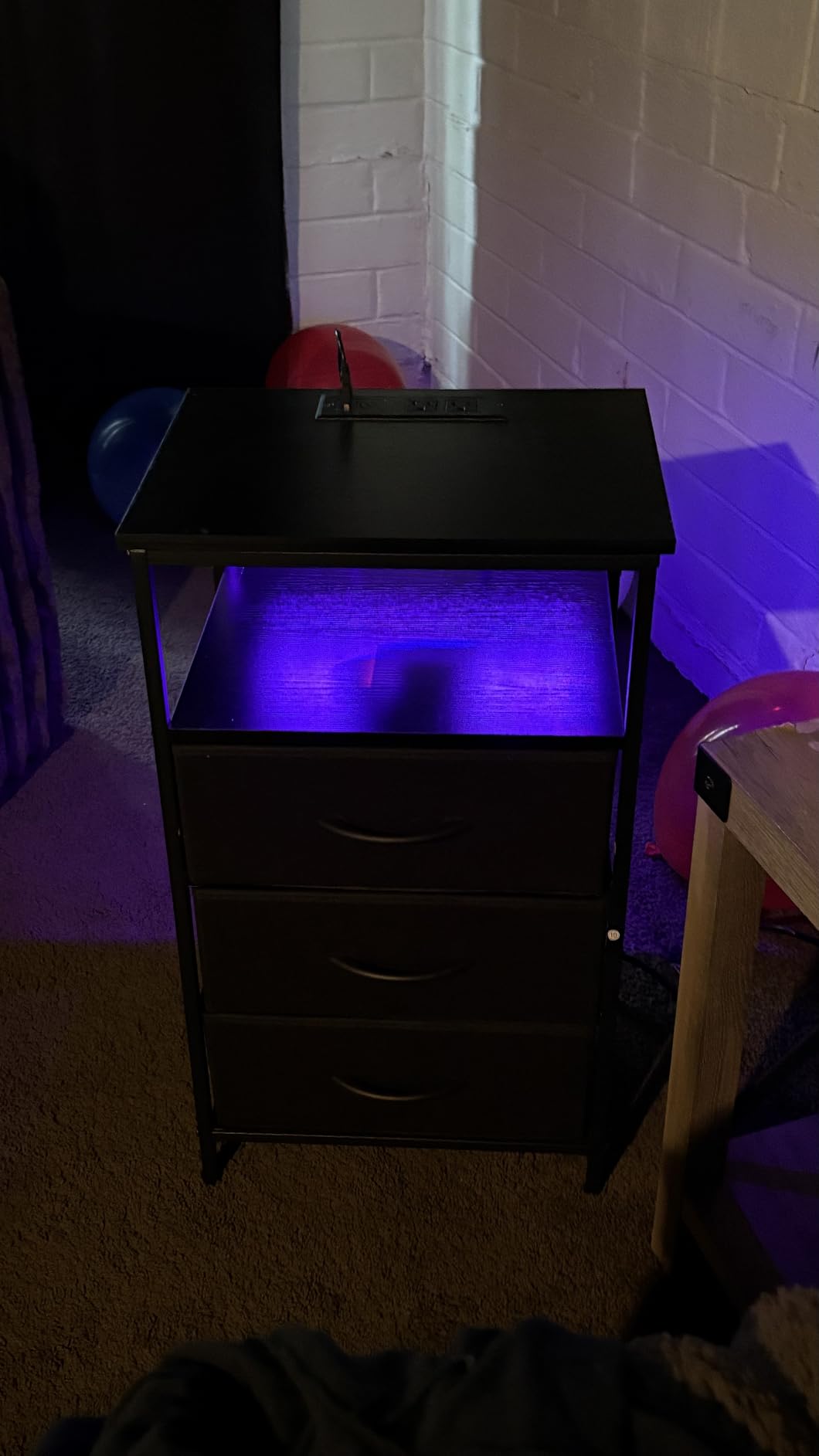 Huuger Night Stand with Charger Station and LED Lights, 2 Drawer Nightstand | Bed Side Table with Open Shelf End Table Fabric Drawers for Bedroom, Black customer photo 1