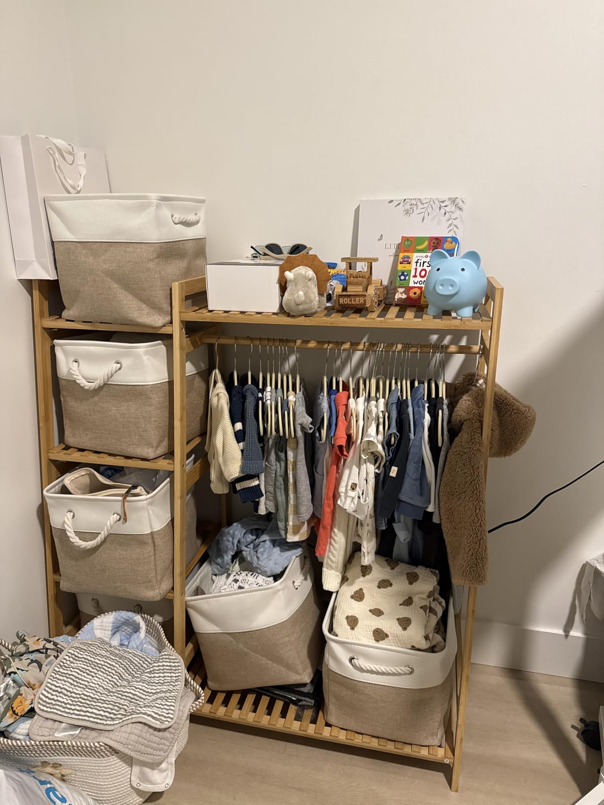 BAMBOOHOMIE Kids Clothing Rack with Shelves, Bamboo Clothes Garment Rack for Kids Child Baby, Kids Dress Up Storage Rack with Top Shelf, Toddlers Wardrobe Closet for Nursery (Medium Size) customer photo 1