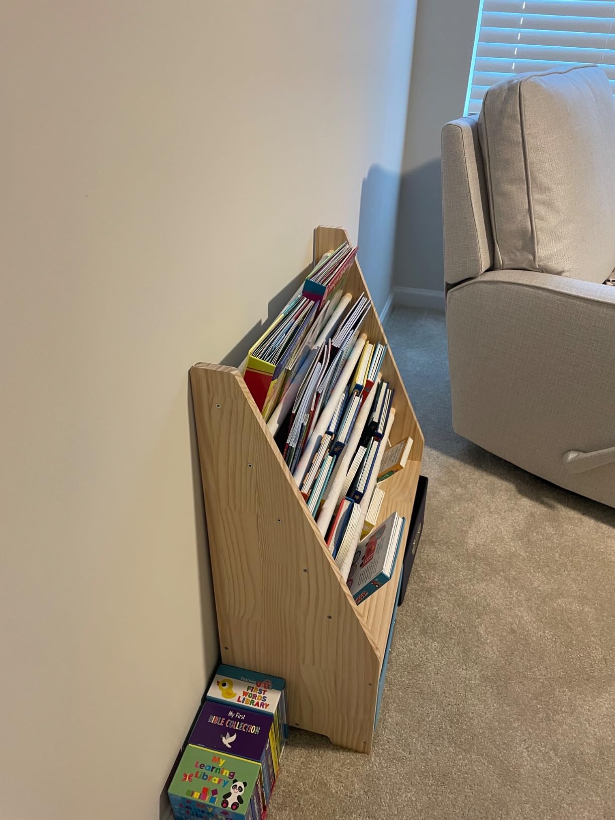 EXPERLAM 4 Tier Kids Bookshelf with Storage Bins, Solid Wood Toddler Book Shelf and Toy Organizer, Sling Book Rack for Kids Room, Nursery, Playroom, Blue customer photo 1