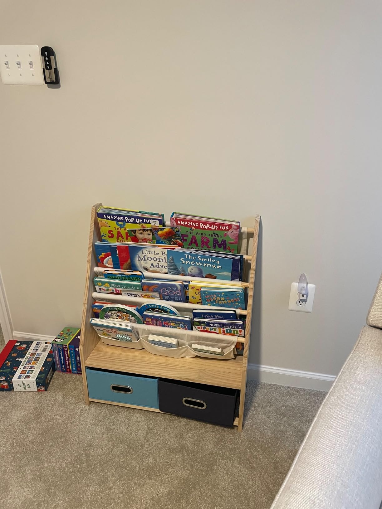EXPERLAM 4 Tier Kids Bookshelf with Storage Bins, Solid Wood Toddler Book Shelf and Toy Organizer, Sling Book Rack for Kids Room, Nursery, Playroom, Blue customer photo 2