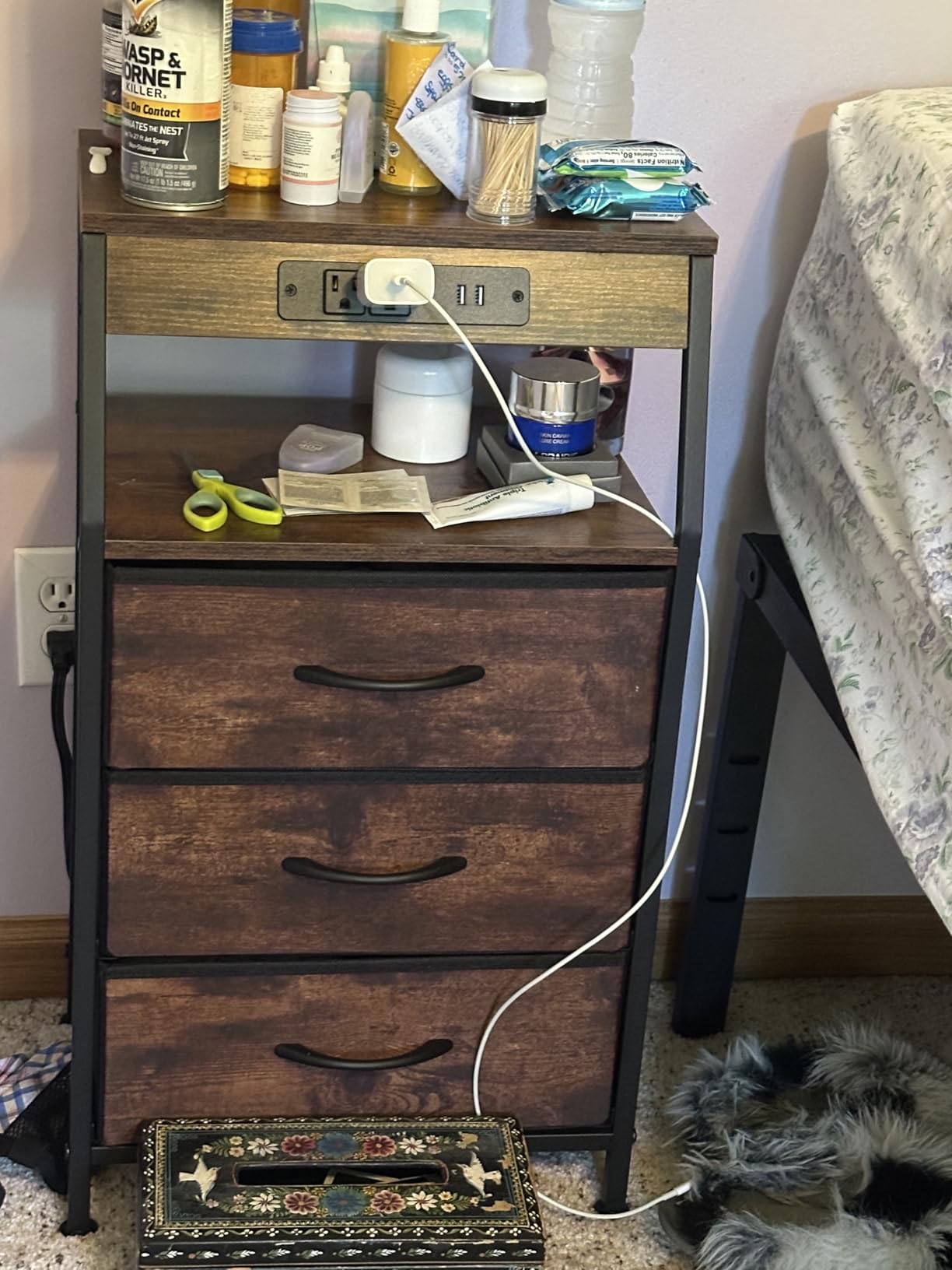 Furnulem Night Stand with Charging Station, 3 Fabric Drawers Bedside Table | Rustic Brown Dorm Nightstand For Bedroom, 28.3 Inch Tall, Usb Ports & Outlets, Side Table with Storage Shelf, 3 Ways to Use customer photo 2