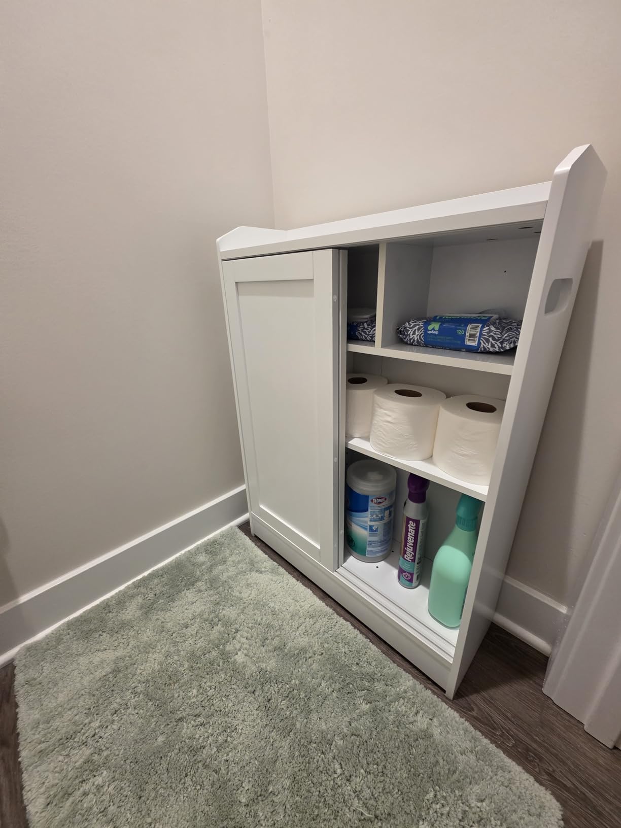 VASAGLE Slim Bathroom Storage Cabinet, Sliding Doors, Cloud White | Adjustable Shelves, Toilet Paper Holder, Brush Compartment, 23.6 x 7.9 x 31.5 Inches, SIREN Collection UBBC752W01 customer photo 2