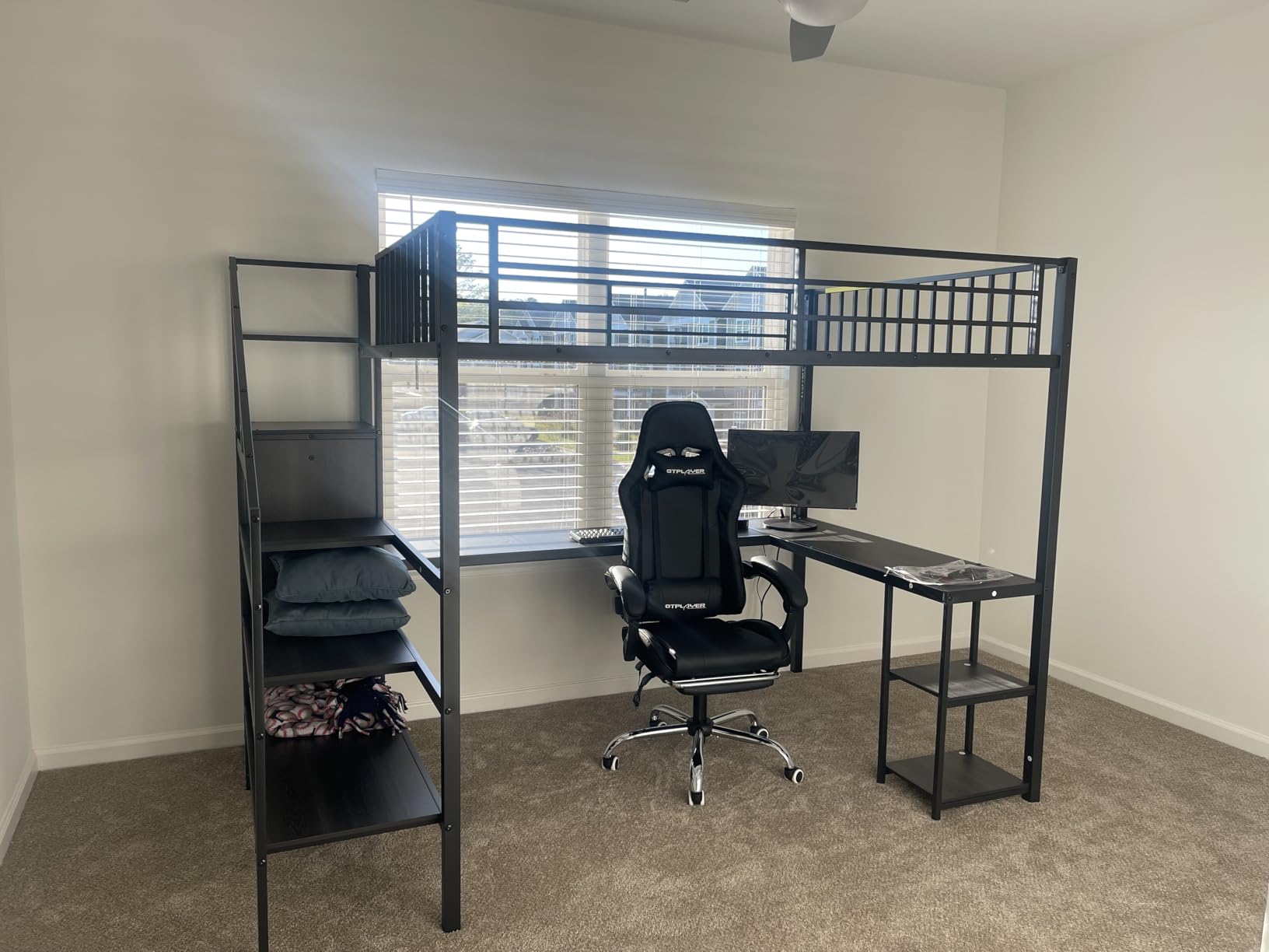 Full Size Loft Bed with Stairs and Desk, Metal Gaming Loft Bed with RGB LED Light, Heavy-duty Steel Loft Bed Frame with Storage Wardrobe, Shelves and Charging Station for Adults Kids Teens, Black customer photo 1