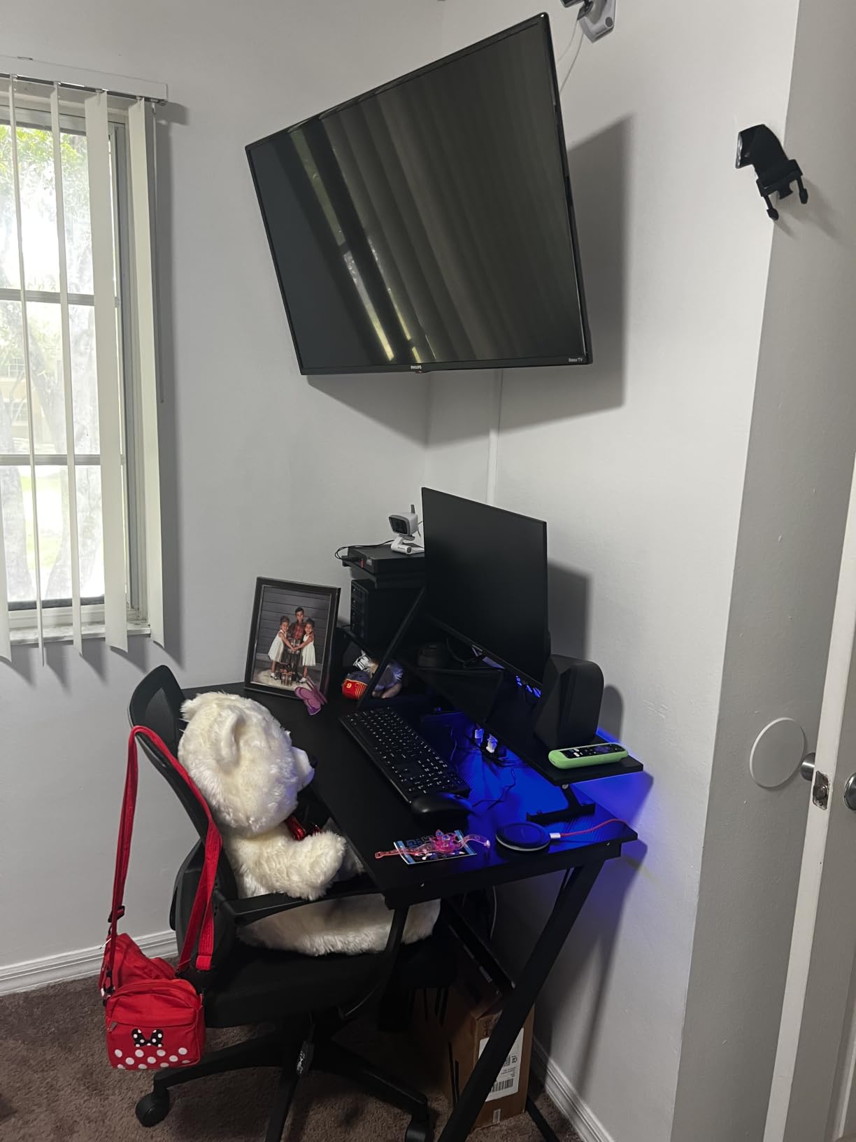 Korfile 47 Inch Gaming Desk with LED Lights & Power Outlet, L Shaped Computer Desk with Storage Shelves, Gamer Workstations with Monitor Stand for Bedroom, Carbon Fiber Black customer photo 1