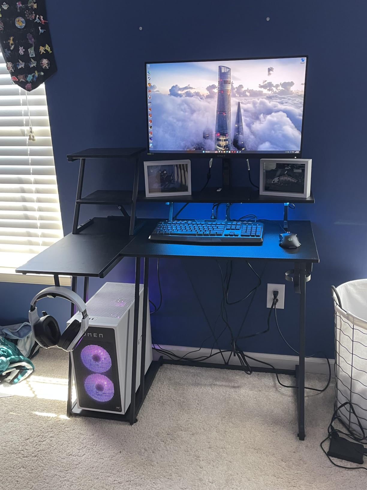Korfile 47 Inch Gaming Desk with LED Lights & Power Outlet, L Shaped Computer Desk with Storage Shelves, Gamer Workstations with Monitor Stand for Bedroom, Carbon Fiber Black customer photo 2