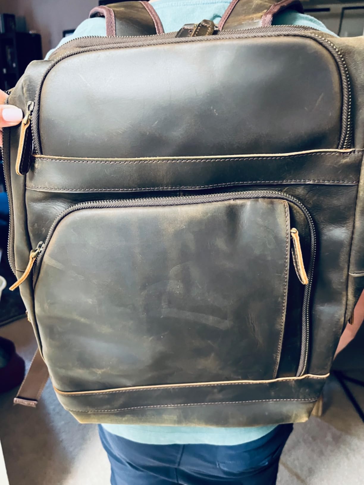 Masa Kawa Brown Leather Laptop Backpack for Men 16 Inch Computer Work Bag | Vintage Cowhide Overnight Camping Weekender Travel Large College Daypack with Water Bottle Holder customer photo 2
