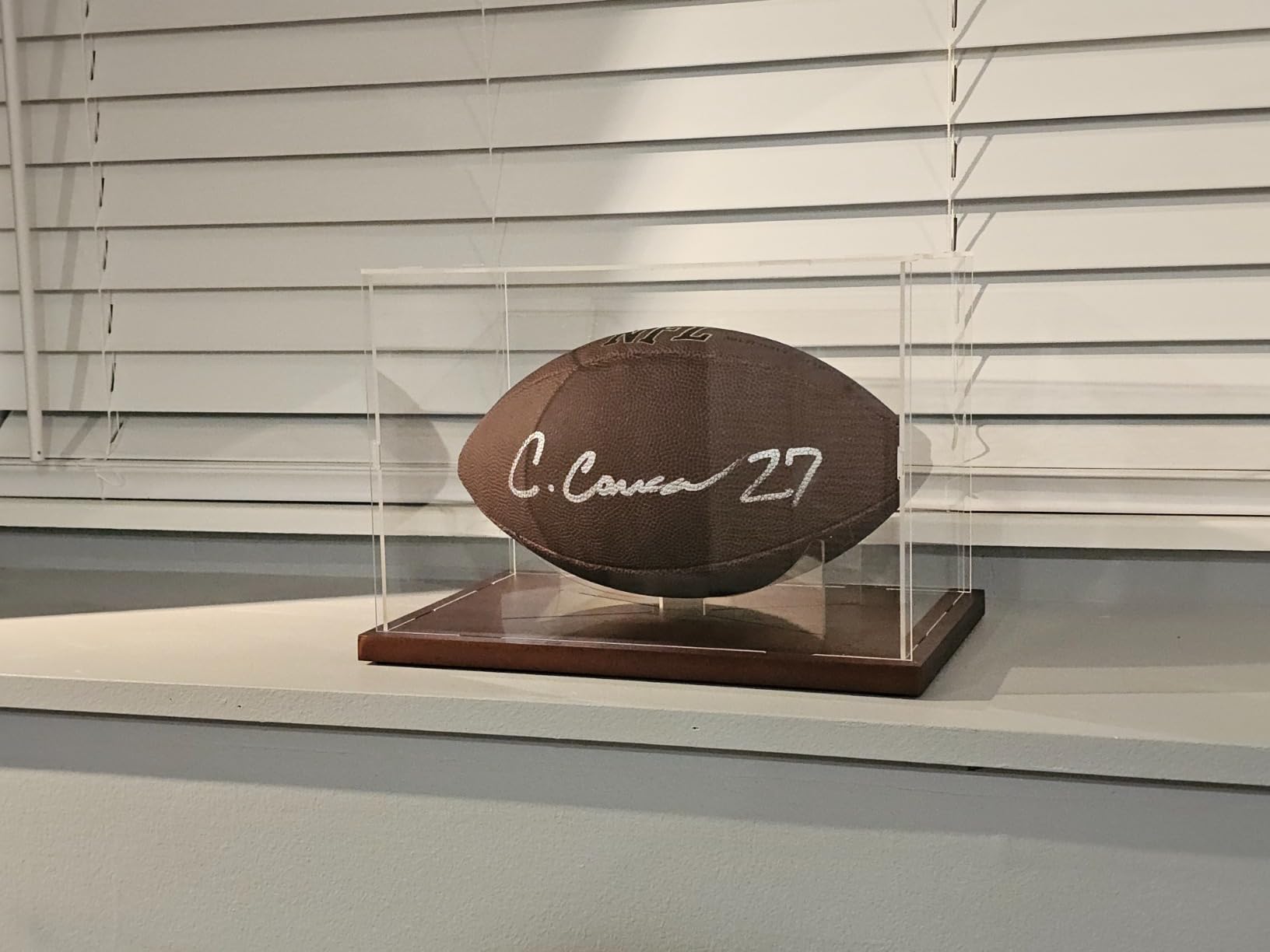Fitense Full Size Acrylic Football Display Case Solid Wood Base | UV protective transparent holder with removable bracket, storage for signed football sports memorabilia collectibles customer photo 1