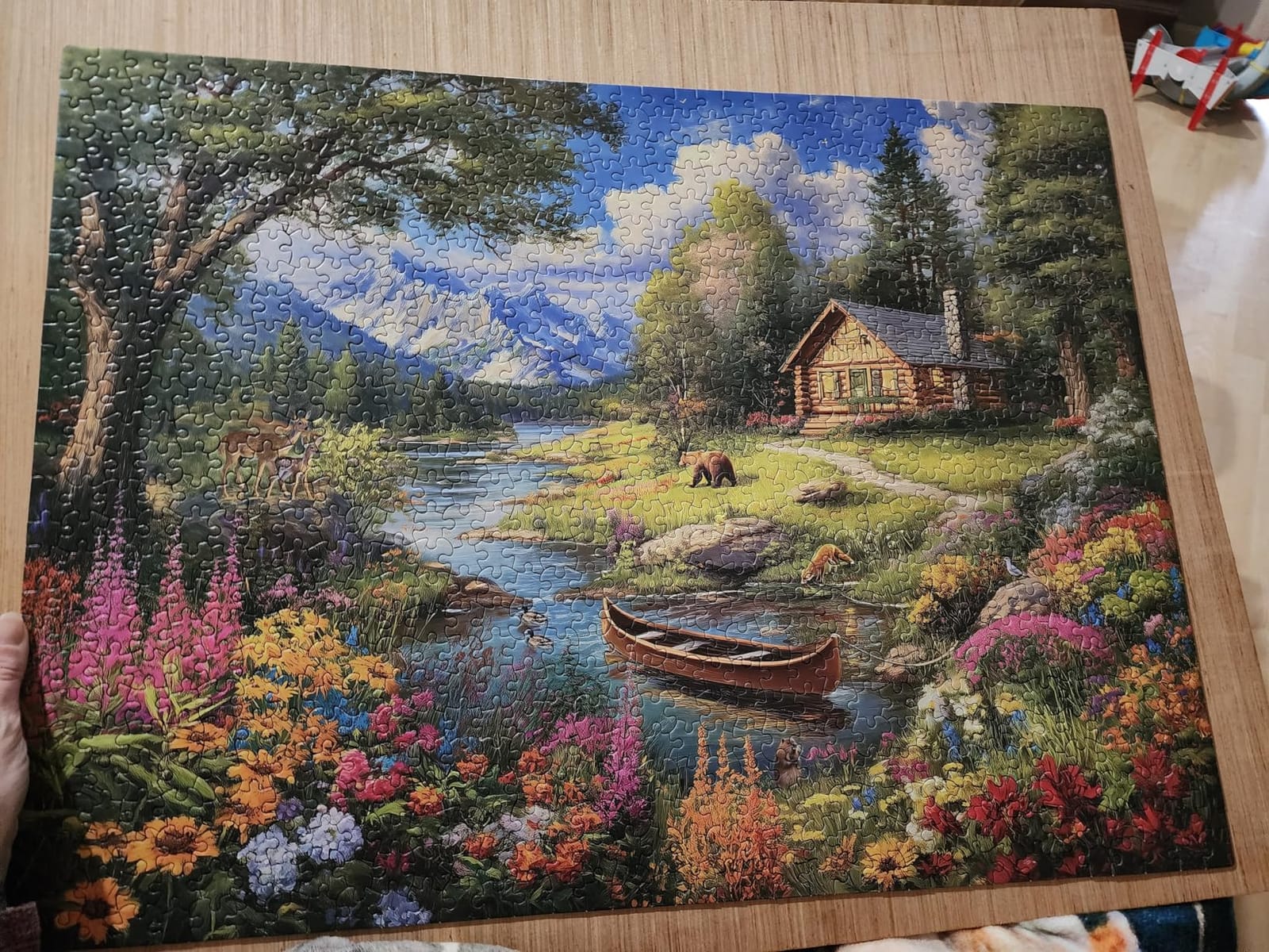 Adult Jigsaw Puzzle 1000 Piece Mountain Cabin | Features a serene lake cabin scene, finishing at 20x27 inches. Great for game nights on a table, puzzleboard, or floor. customer photo 1