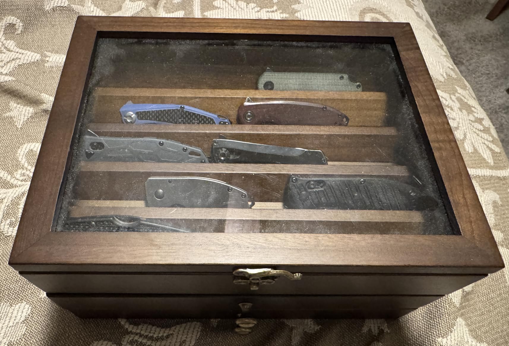 Knife Display Case, Knife Collection Display Holder with Glass Lid, 3-Layer Wooden Pocket Knife Case with Drawers (Walnut) customer photo 2