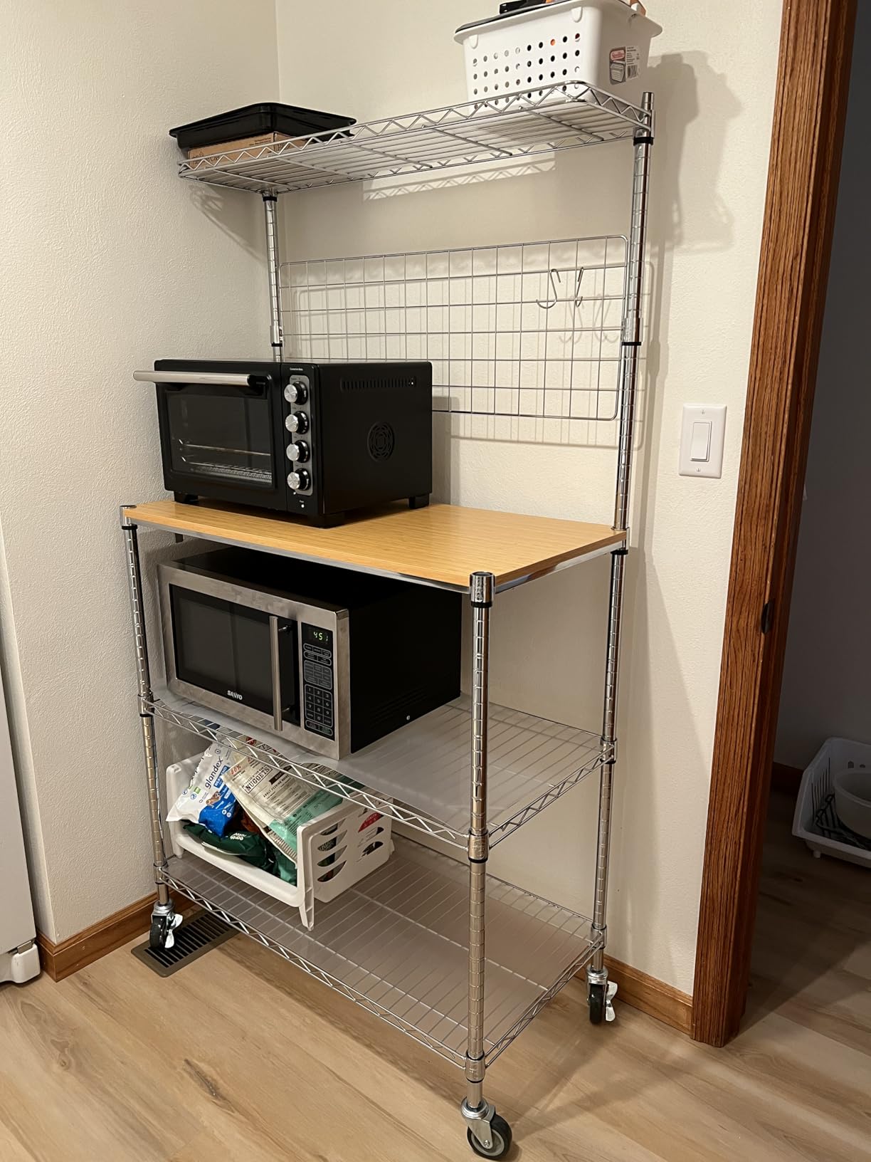 Bakers Rack with Power Outlet & Storage, 36In Microwave Stand Kitchen Cart | 4-Tier Metal Kitchen Shelves Cart with Wheels & 20 S-Hooks for Kitchen, NSF Certified, Chrome customer photo 2