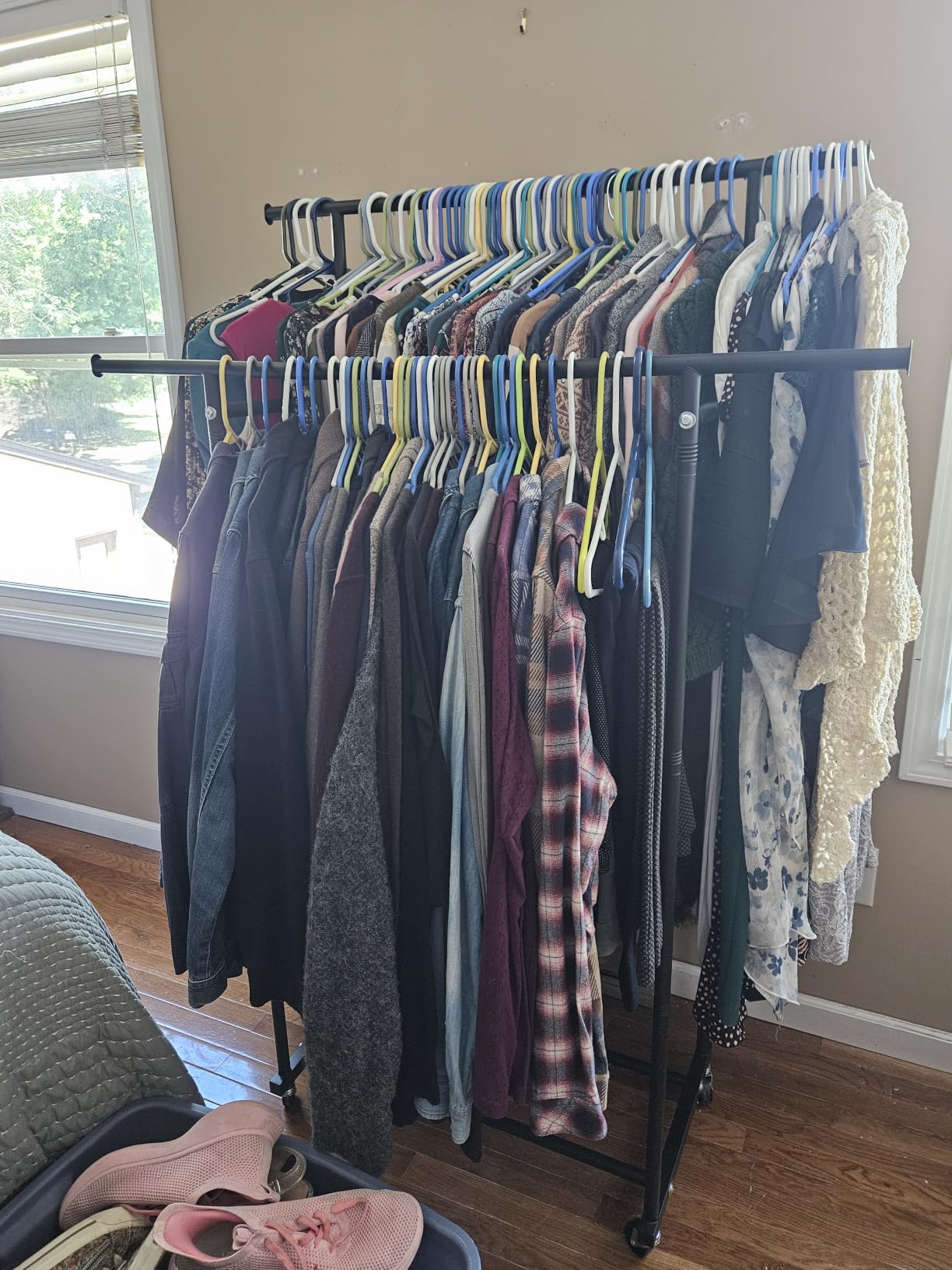 HYSEYY Double Rods Clothes Rack, Rolling Clothing Rack for Hanging Clothes Portable Wardrobe Rack, Metal Garment Rack Sturdy Coat Rack for Bedroom Laundry Living Room, Black customer photo 2