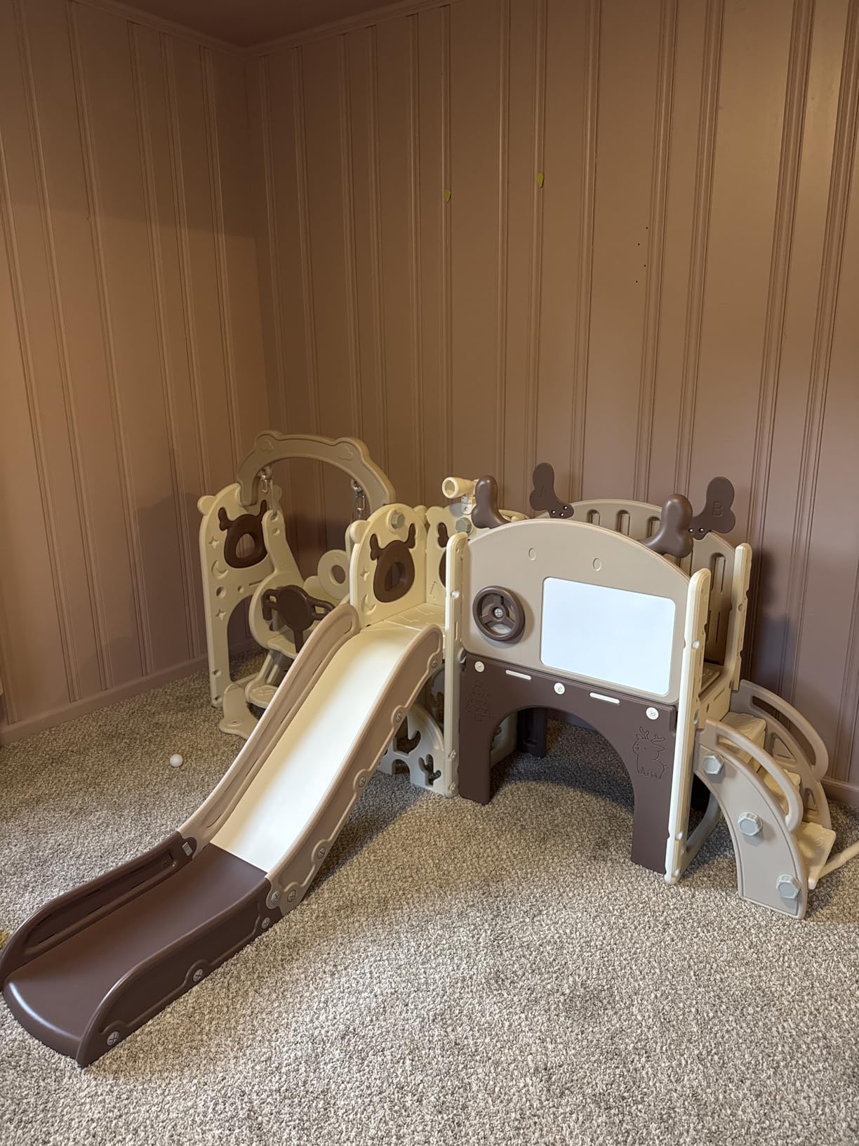Mloong 12 in 1 Toddler Slide and Swing Set, Kids Slide for Toddlers 1-3 Years Old Baby, Indoor Outdoor with Basketball Hoop Drawing Golf for Kids Easy Assembly (Beige & Rosy Brown) (82x67x41in) customer photo 1