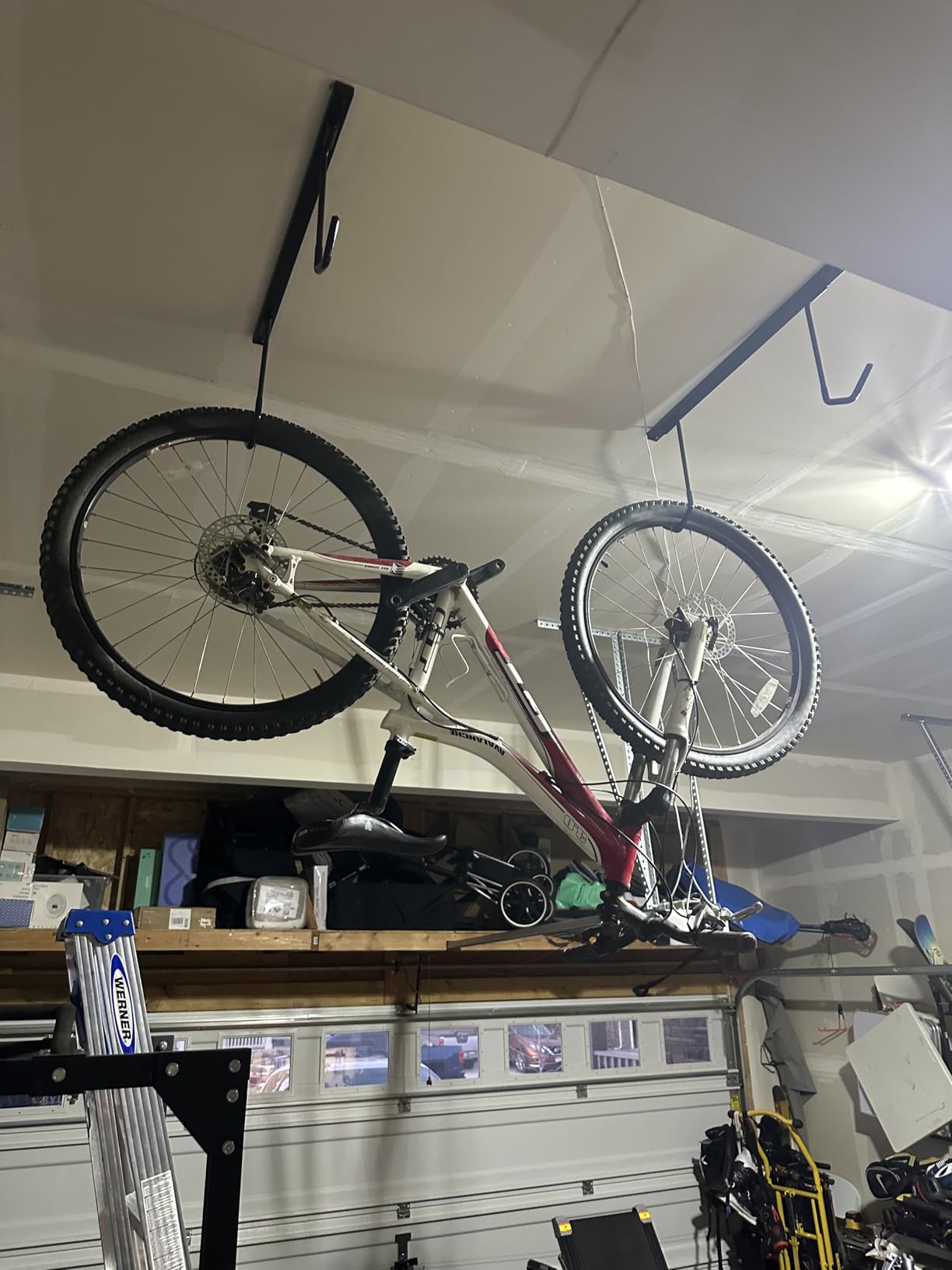 WALMANN Ceiling Mounted Bike Rack for Garage, Space-Saving Ceiling Bike Storage for 2 Bikes(Horizontally)/4 Bikes(Vertically), Adjustable Bike Hooks for Road Mountain Bikes customer photo 1