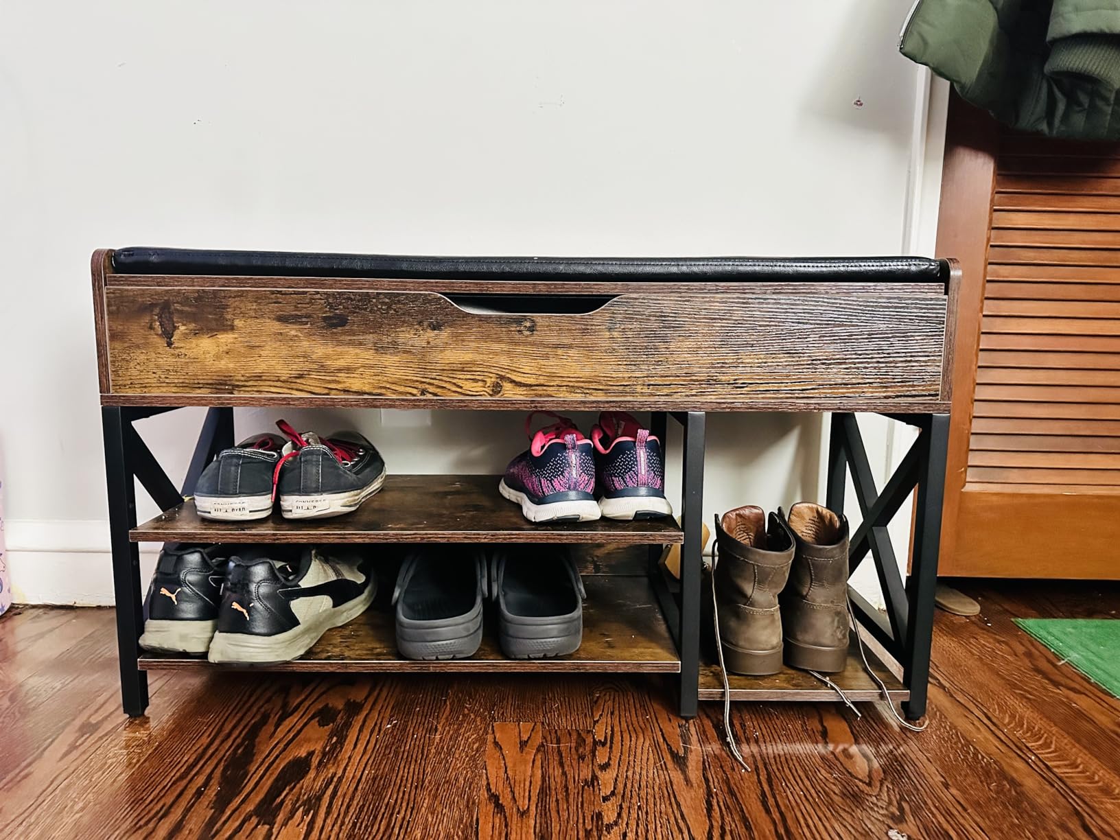 Shoe Bench, Lift Top Shoe Storage Bench, Adjustable Shelf Entryway Bench, Metal and Wood Shoe Rack Organizer with Cushion for Entry, Bedroom, Closet, Living Room, Hallway (Brown, 35.5