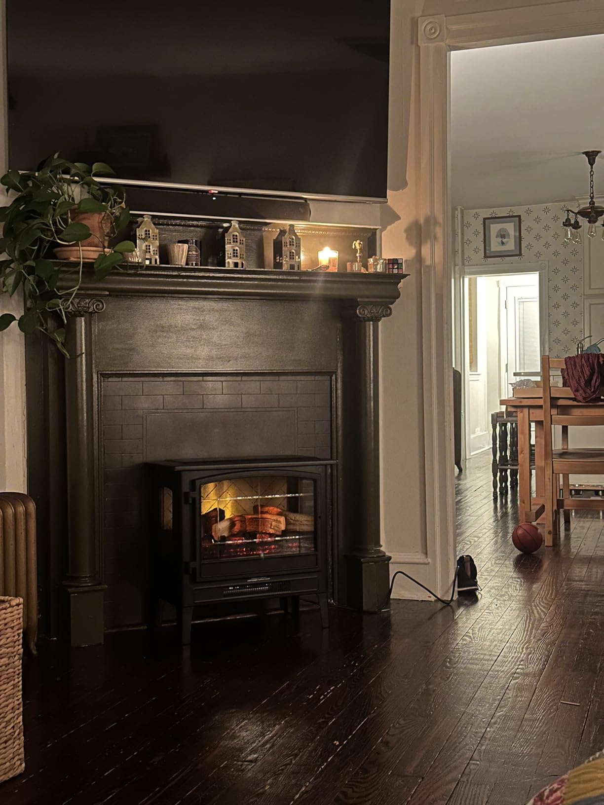 Country Living Infrared Freestanding Electric Fireplace Stove Heater in Cream | Multiple Flame Colors, Metal Design with Faux Wooden Logs | Alexa/WiFi Enabled - Remote Included customer photo 1