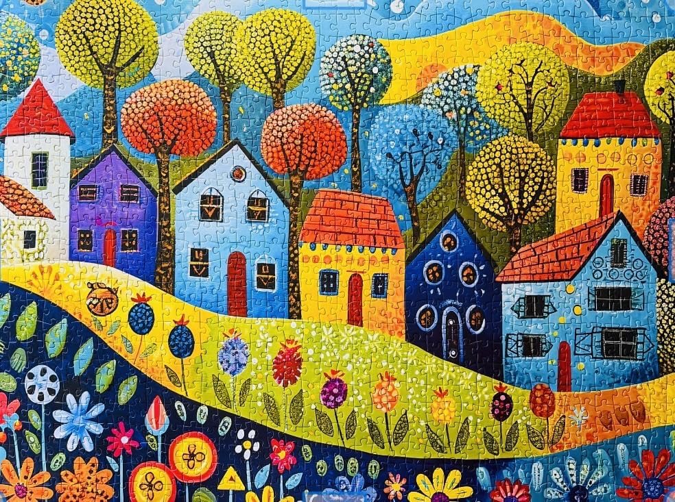 Jigsaw Puzzles for Adults 1000 Pieces, Painting Houses with Poster Interlock Perfectly Letter on Back No Dust, Home Decor Birthday Party Gift Toy for Men Women Elders Seniors (27.5