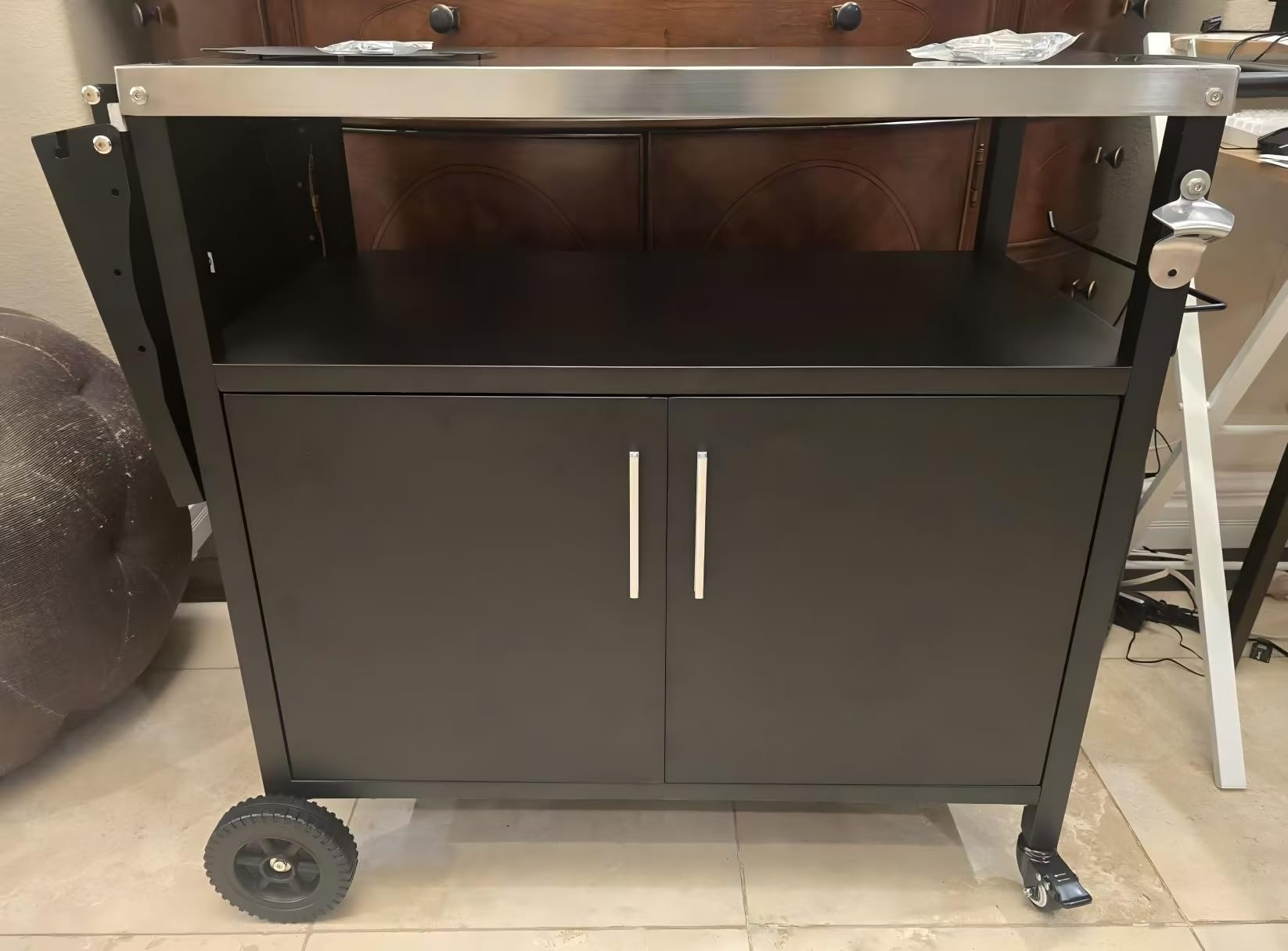 JY QAQA Outdoor Grill Cart with Storage, Patio Kitchen Island Outdoor Grill Table with Wheels, BBQ Cart Movable Pizza Oven Table Stand, Storage Cabinet, Foldable Tabletop, (Black) customer photo 2