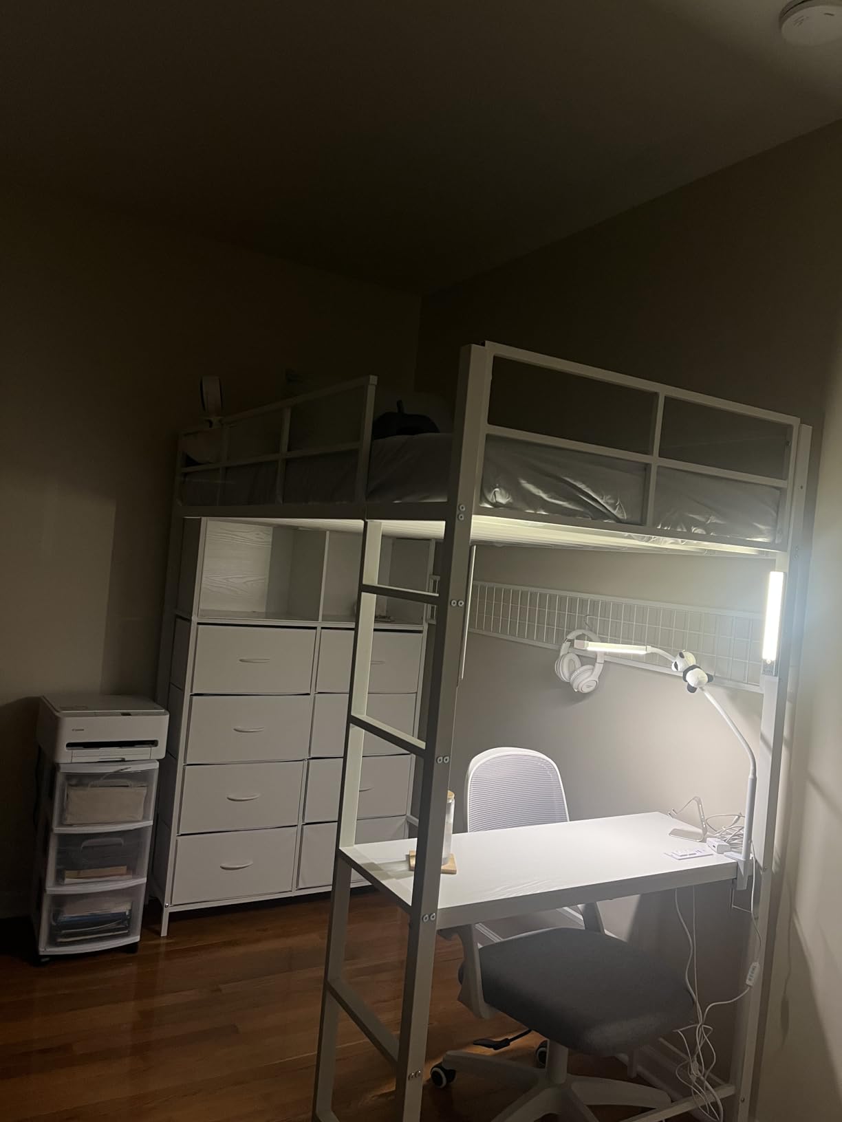 ADORNEVE Twin Size Loft Bed with Desk, 8 Storage Drawers, LED Lights, Grey | Metal Kids Loft Bed with Charging Station, Storage Shelves, 13.1