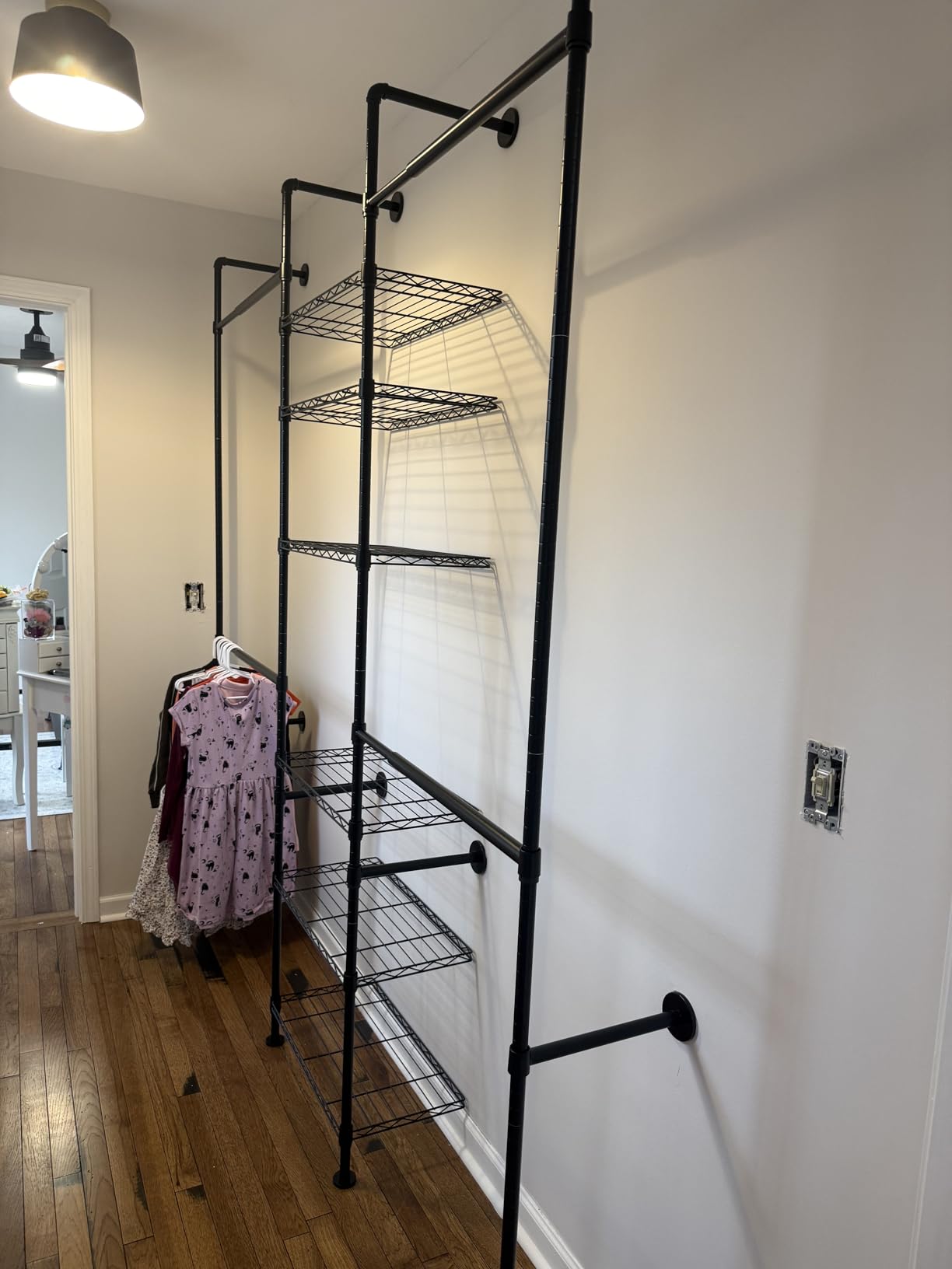 ONBRILL H3 Expandable Wall Mounted Closet System, Heavy Duty Clothing Rack | 5.4FT-8.1FT Closet Organizer with 4 Telescopic Rods & 6 Wire Shelves, Industrial Pipe Clothes Rack for Walk-in Closet, Black customer photo 2