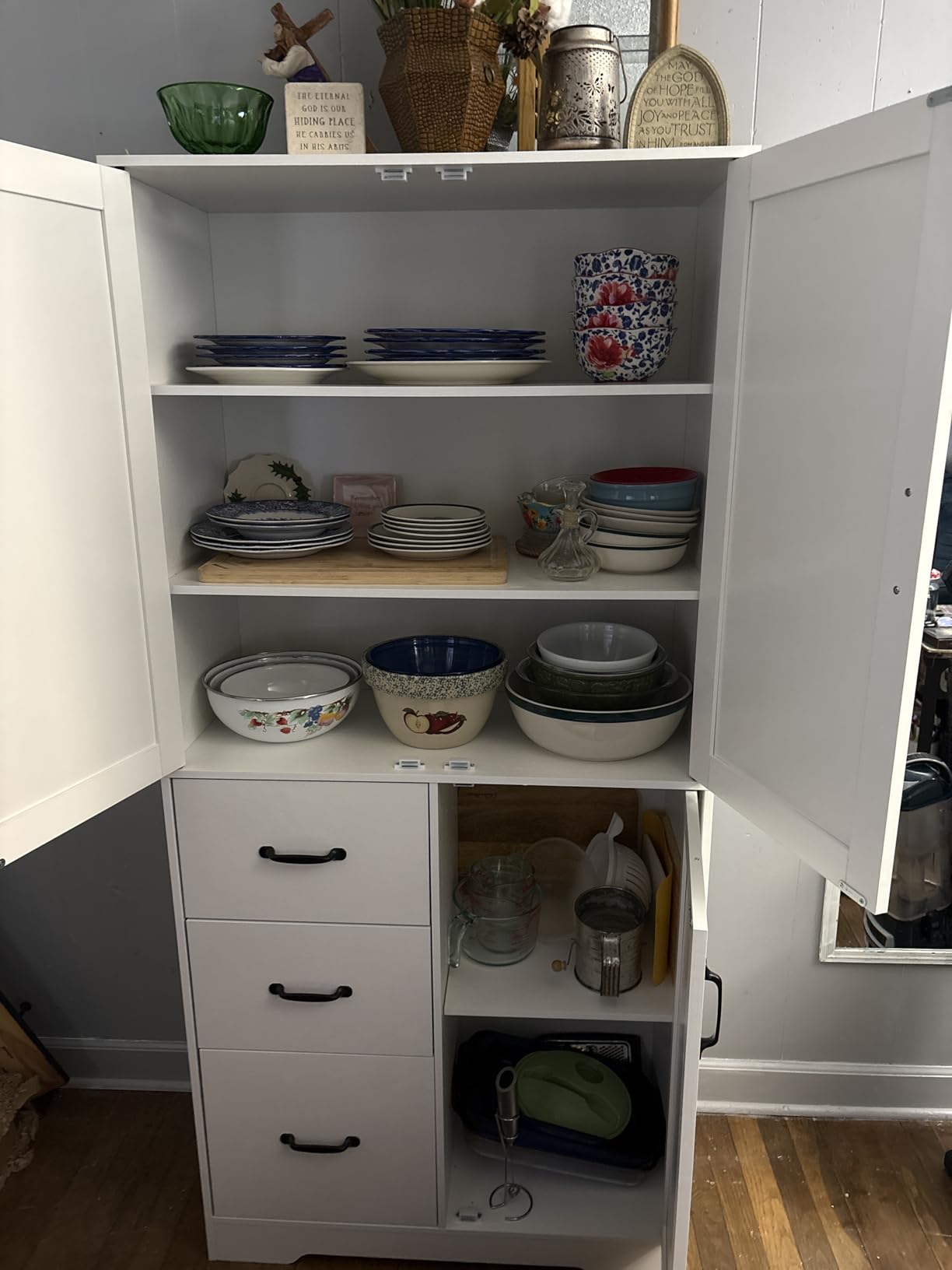 IRONCK Pantry Cabinet, Kitchen Storage Cabinet with 3 Door & Drawer, White | Adjustable Shelf. 67.5inch Tall. 5 Tier Freestanding. 150 lbs Per Shelf. Modern Style. FSC-certified Wood. Anti-tip. customer photo 2