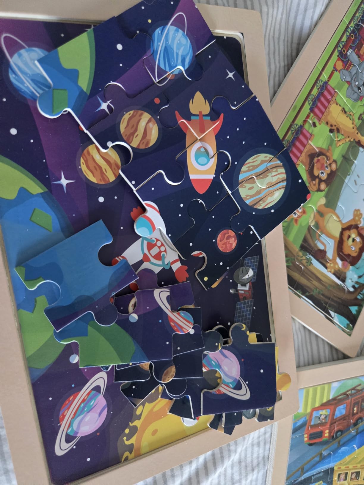 Wooden Educational Jigsaw Puzzles for Preschool Kids Ages 3-5, 4-Pack with 20 Pieces Dinosaur, Space, Transportation Wood Puzzles Set, Kids Brain Teaser Toys, Gifts for Boys Girls Ages 3 4 5 6 customer photo 1