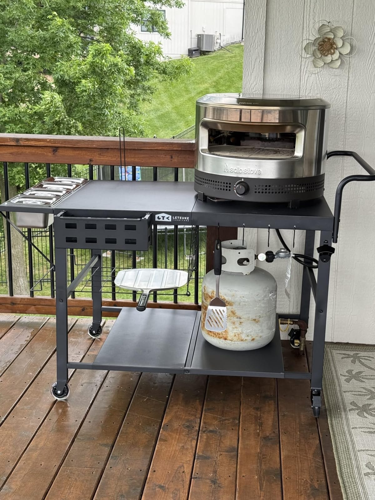 Pizza Oven Table Stand, Outdoor Grill Cart Table for Ninja Ooni Blackstone | Outside BBQ Prep Tables Station with Seasoning Tray for Gozney, Solo Stove, 47