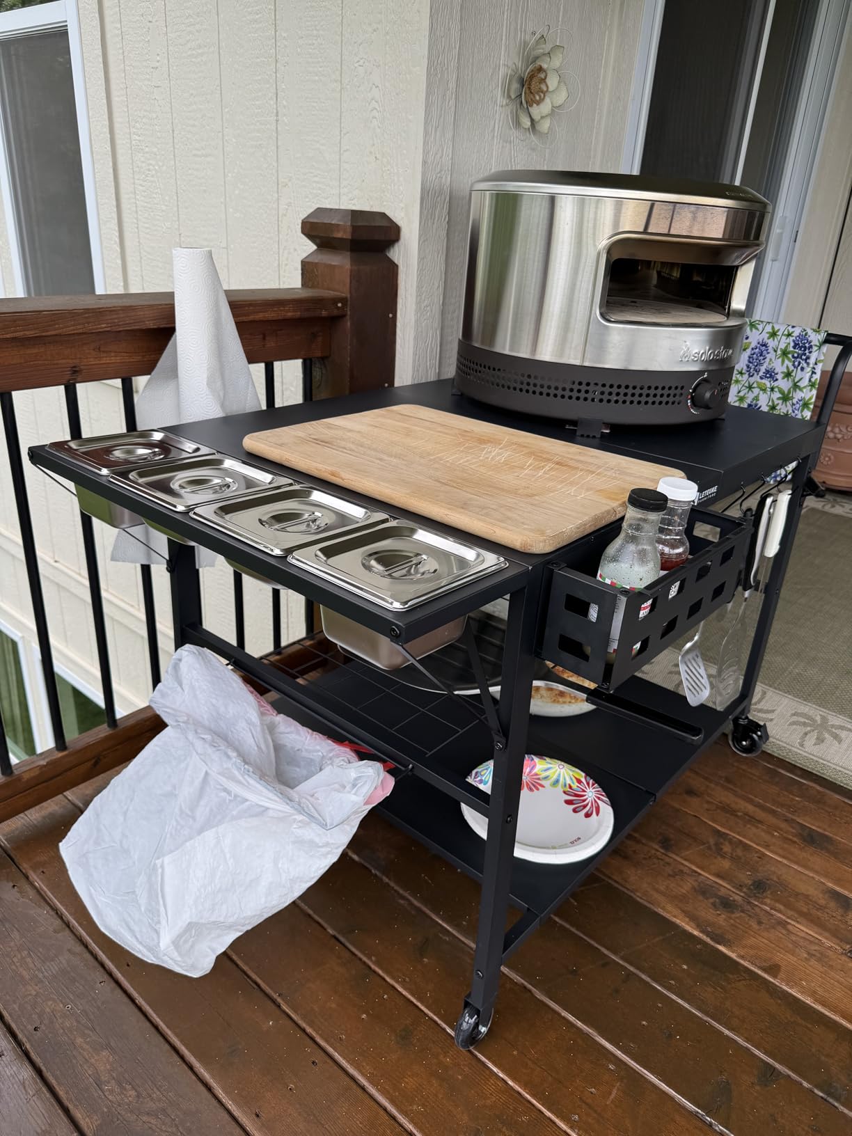 Pizza Oven Table Stand, Outdoor Grill Cart Table for Ninja Ooni Blackstone | Outside BBQ Prep Tables Station with Seasoning Tray for Gozney, Solo Stove, 47