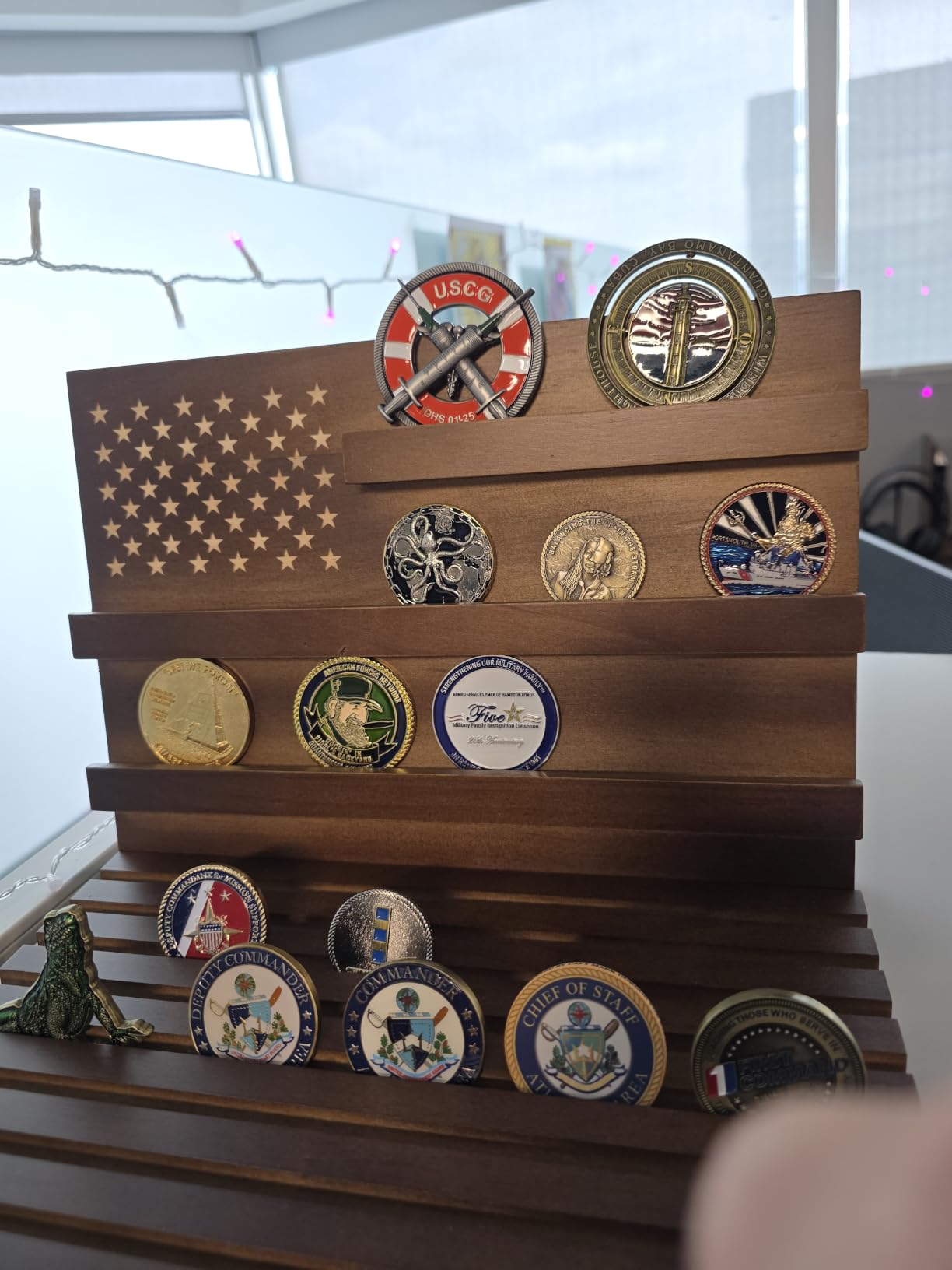 Challenge Coin Display, Walnut Military Coin Holder Tabletop Case | Large Slotted Stand Hold 80 Multi Coins 3+8 Racks Solid Wood Gift for Navy Army Police Veterans Collection Desktop Decorative customer photo 2