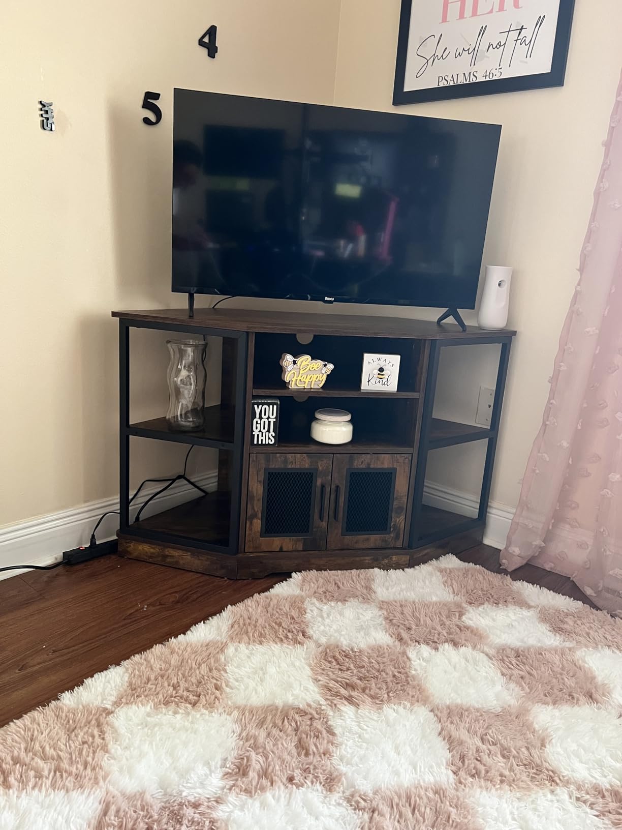 DWVO Farmhouse Corner TV Stand with Power Outlet, TV Console, Rustic Brown | Corner Space Saving Design, Entertainment Center With Storage Compartments, Power Outlet, Rustic Brown Finish customer photo 1