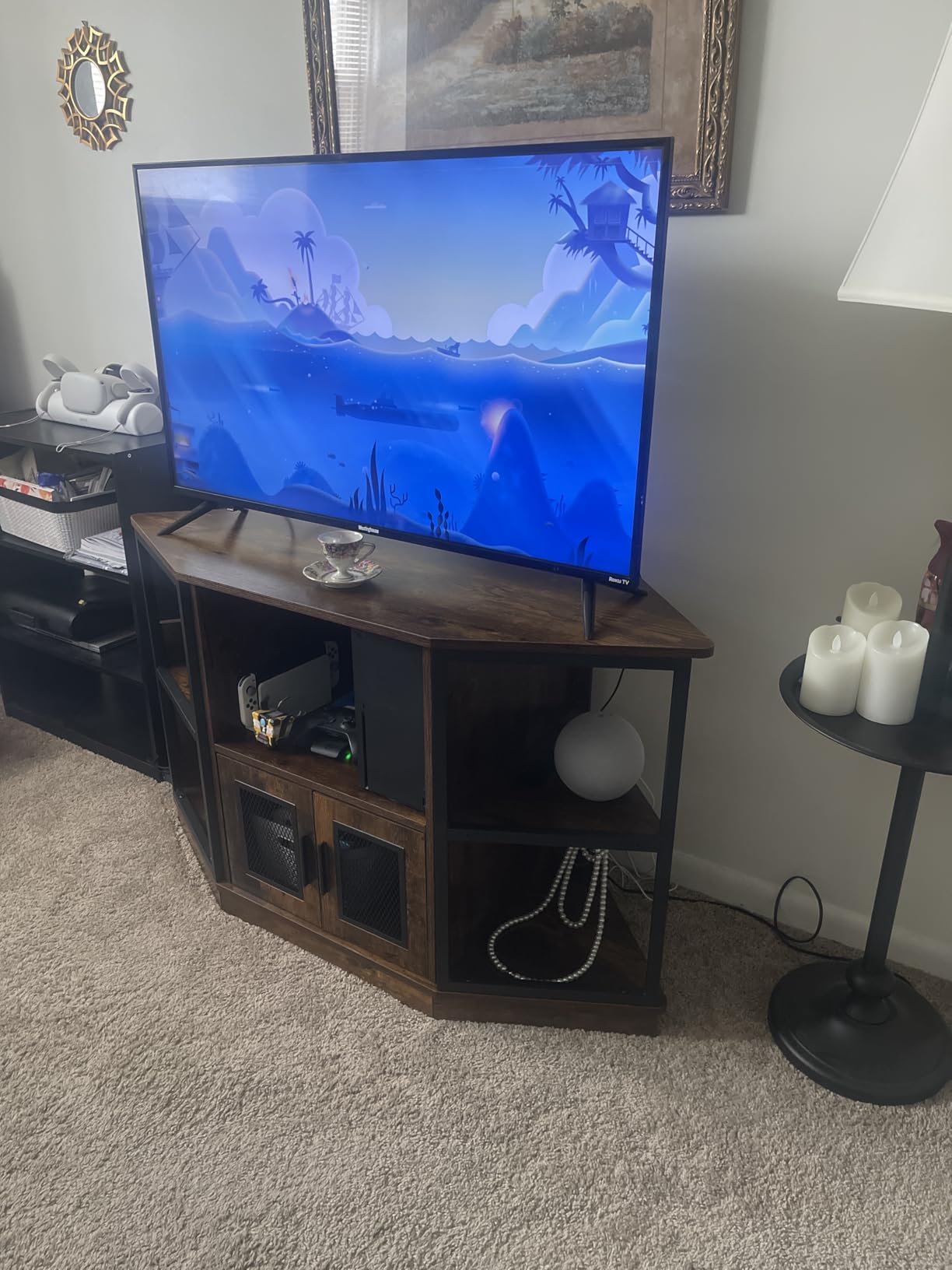 DWVO Farmhouse Corner TV Stand with Power Outlet, TV Console, Rustic Brown | Corner Space Saving Design, Entertainment Center With Storage Compartments, Power Outlet, Rustic Brown Finish customer photo 2