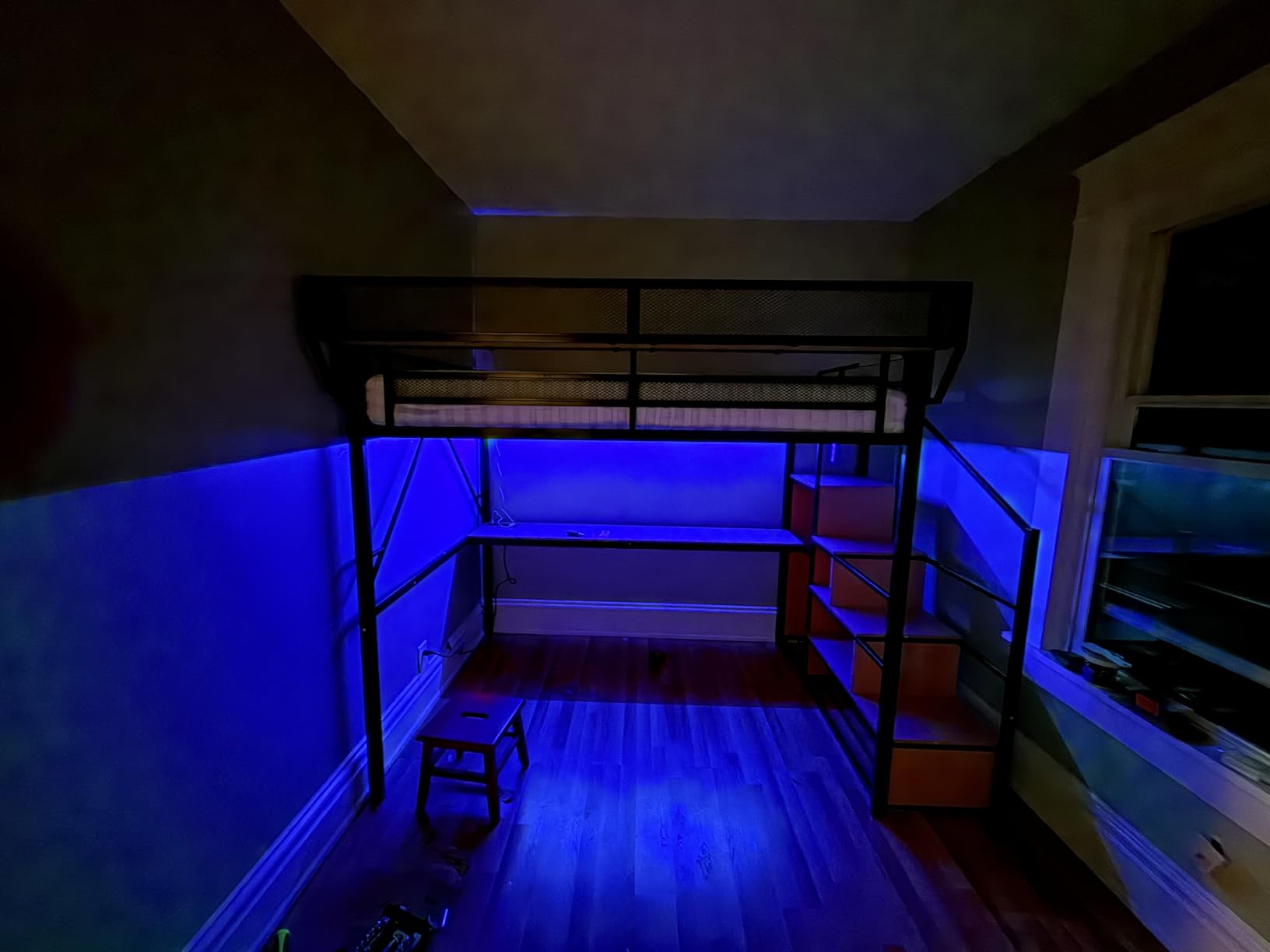 Mirightone Full Loft Bed with Desk and RGB Light, Metal Loft Bed Frame with Stairs and Bedside Shelf, Heavy-Duty Lofts Beds with Storage Shelves and Wardrobe for Kids Teens, Black customer photo 1