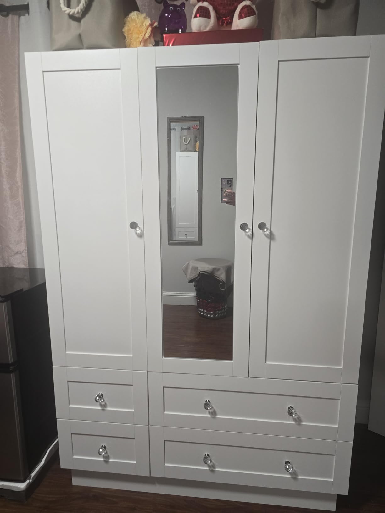 Wardrobe Closet with 3 Doors Bedroom Armoire with Mirror & 4 Drawers | Large Capacity Storage Closet with LED Light and Hanging Rod for Bedroom, White 47