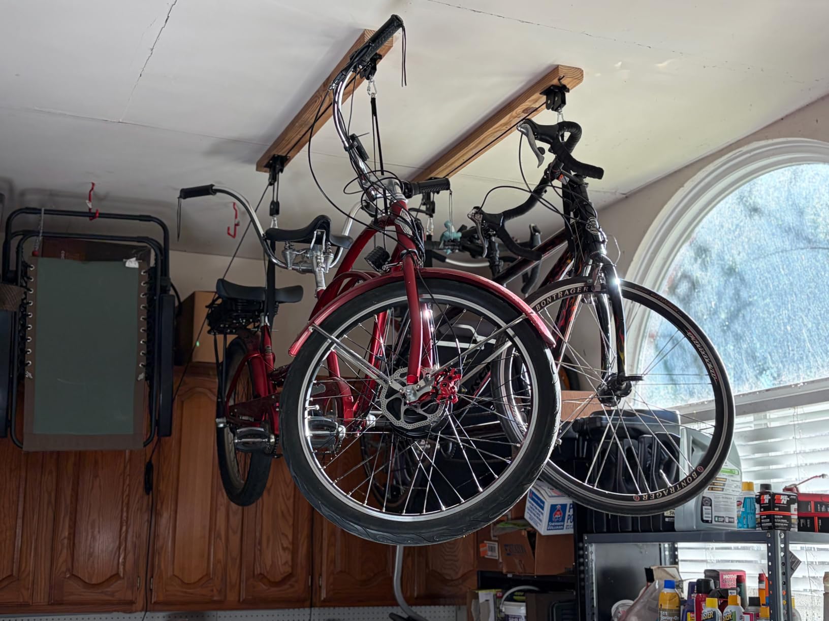 TRUSOON 2 Pack Bike Hoist, Heavy Duty Ebike Lift Pulley System for Garage Ceiling Overhead Storage for Bicycle, Ladders, Snowboard, Holds Up to 85 lbs Capacity, Fit 10-16 Foot High Ceilings customer photo 2