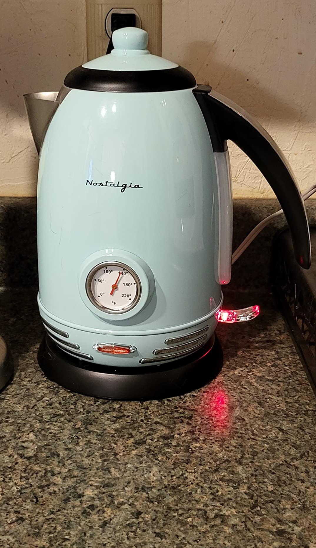 Nostalgia Retro Electric Kettle, 1.7L Enamel-Coated Stainless Steel - Aqua | 1500W Fast Boil Tea Kettle, Cordless with Auto Shut-Off, Boil-Dry Protection, Analog Temperature Gauge, 3D Lettering customer photo 1