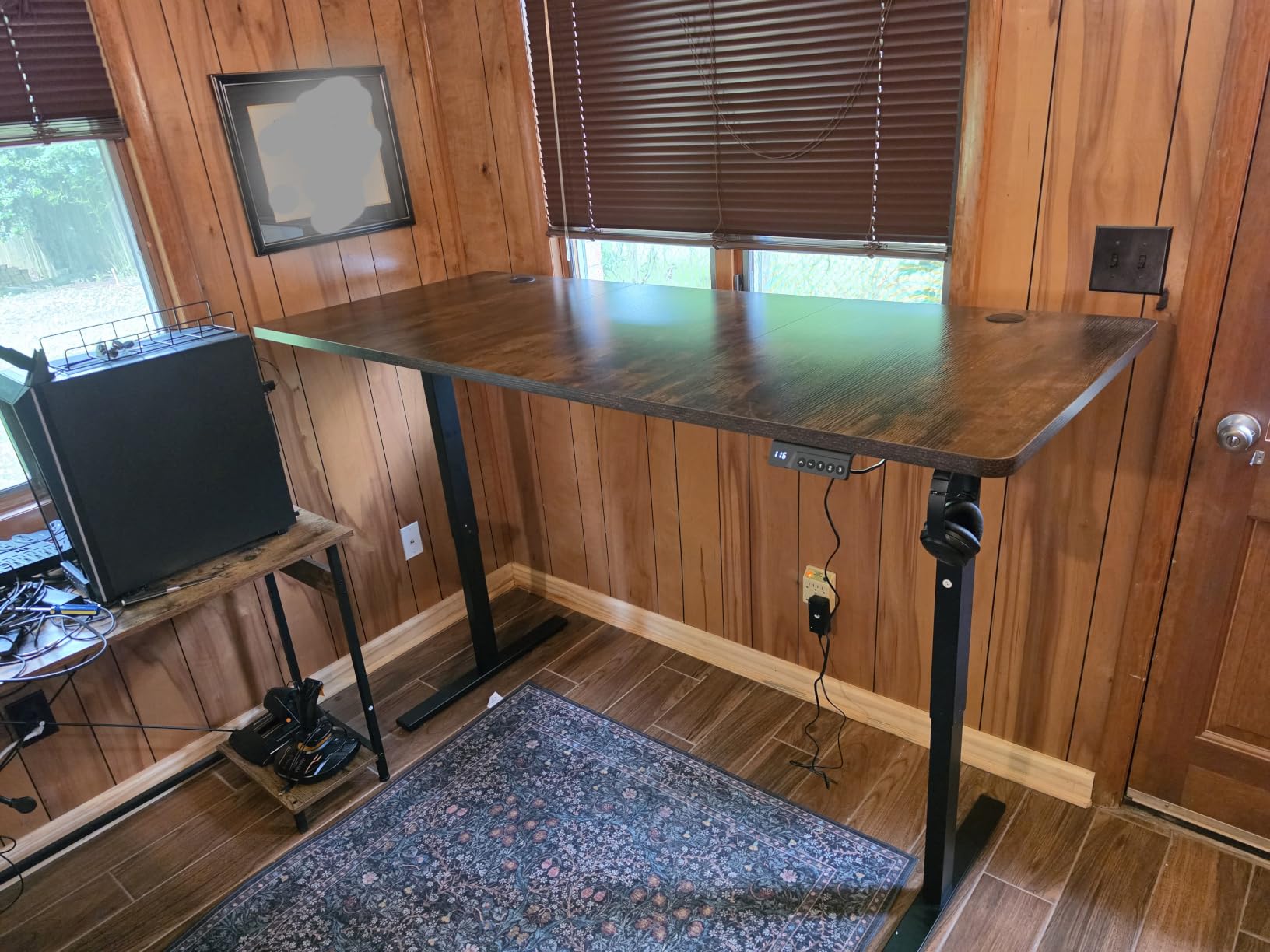 Brown 60x28 in Electric Standing Desk, 1 Inch Thick Tabletop | Double Beam Frame, Holds 220lbs, Sit Stand, 3 Memory Height Adjustment, Extra Deep Table Top, Black Frame customer photo 2