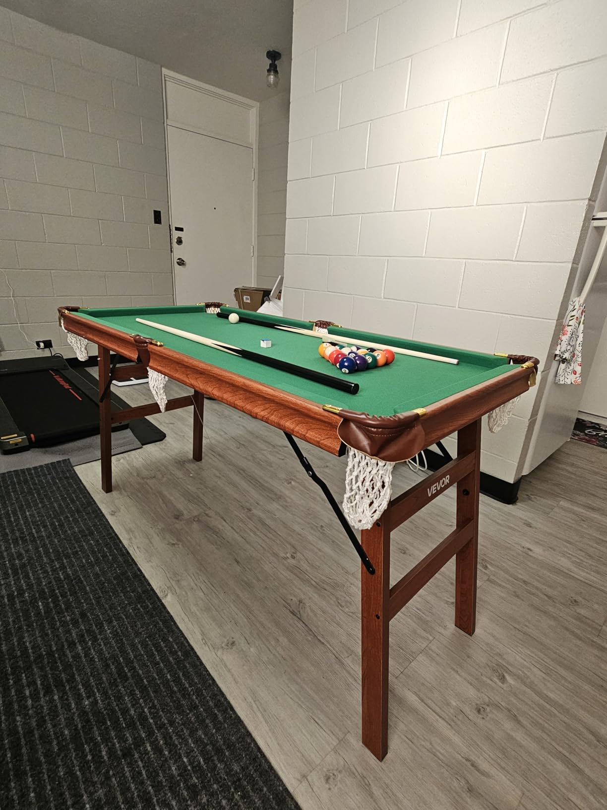 VEVOR Folding Pool Table, Portable Billiards Tables, Foldable Space-Saving Entertainment Game Set Includes Ball, Cue, Rack, Chalk, Brush, Brown with Blue Cloth, for Family Use, Recreation Room customer photo 2