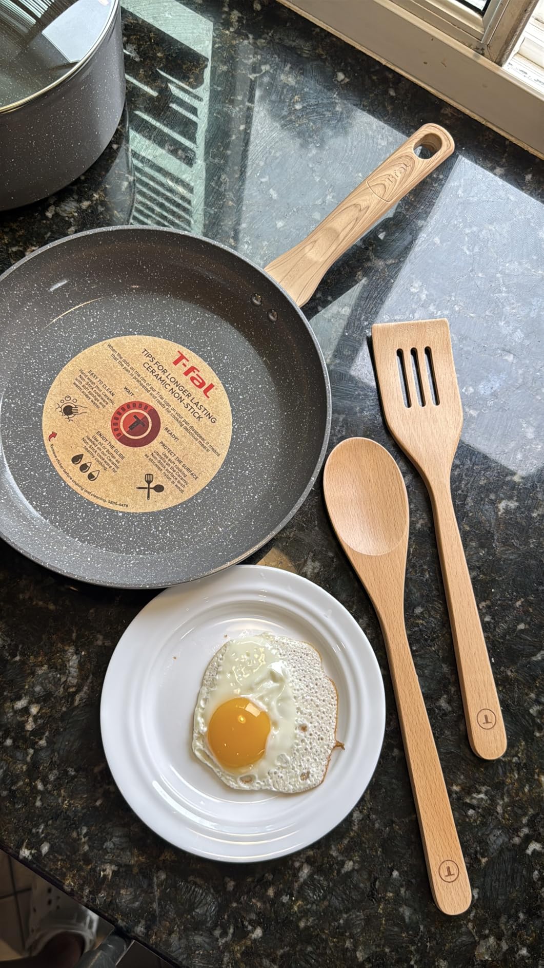 T-fal Revive Ceramic Nonstick Pots and Pans Set, 12-Piece, Beige Granite | Recycled aluminum forged body, Thermo-Spot heat indicator, Oven safe to 350 F, Vented glass lids, Wood-look handles customer photo 1