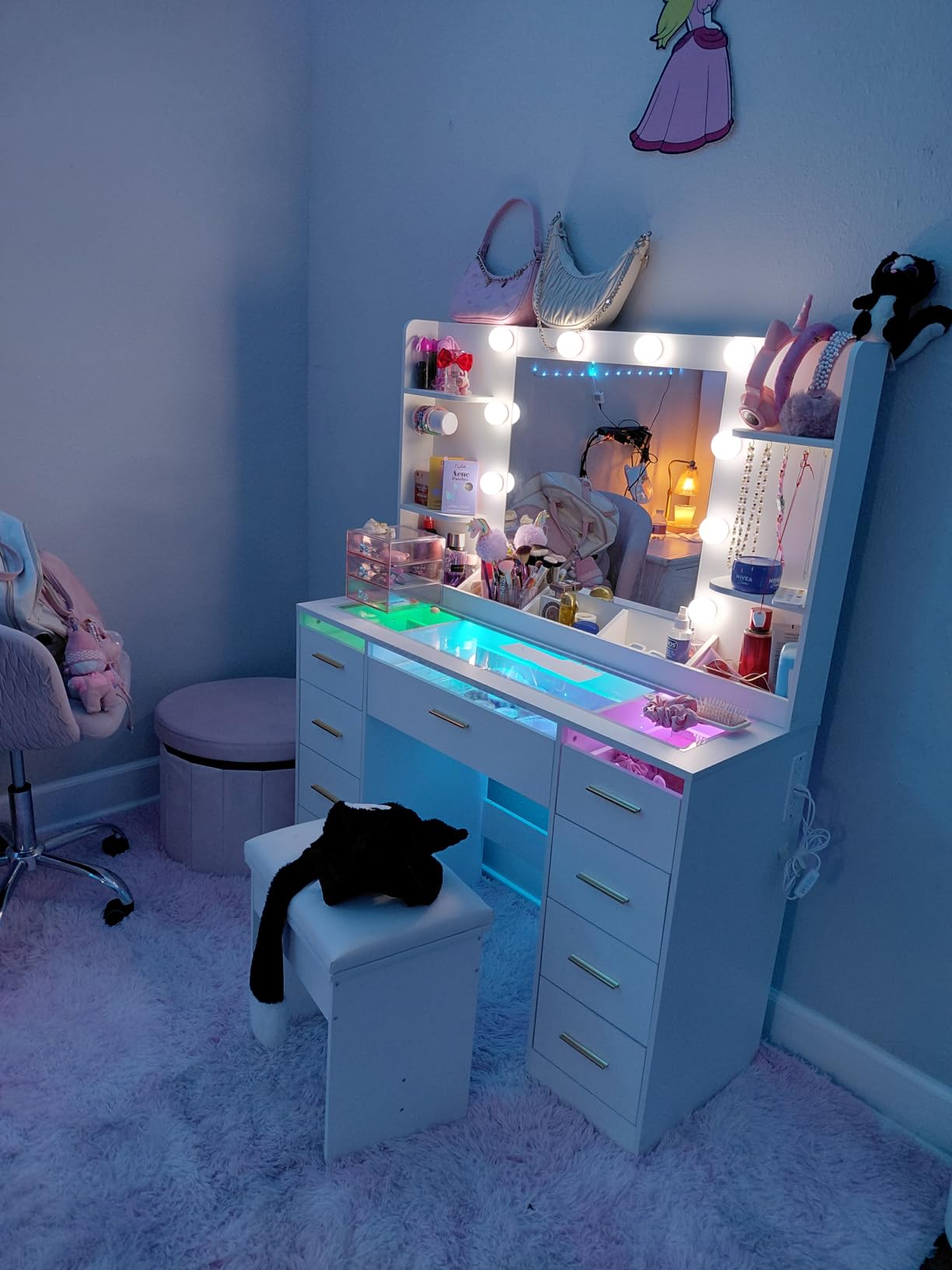 ANWBROAD Large Vanity Desk with Mirror and Lights & Transparent Glass Top | 3 Colors Makeup Vanity Table Set with 9 RGB Drawers, Power Outlet, White Vanity Stool and 4 Shelves for Bedroom Women UBDT94W customer photo 1