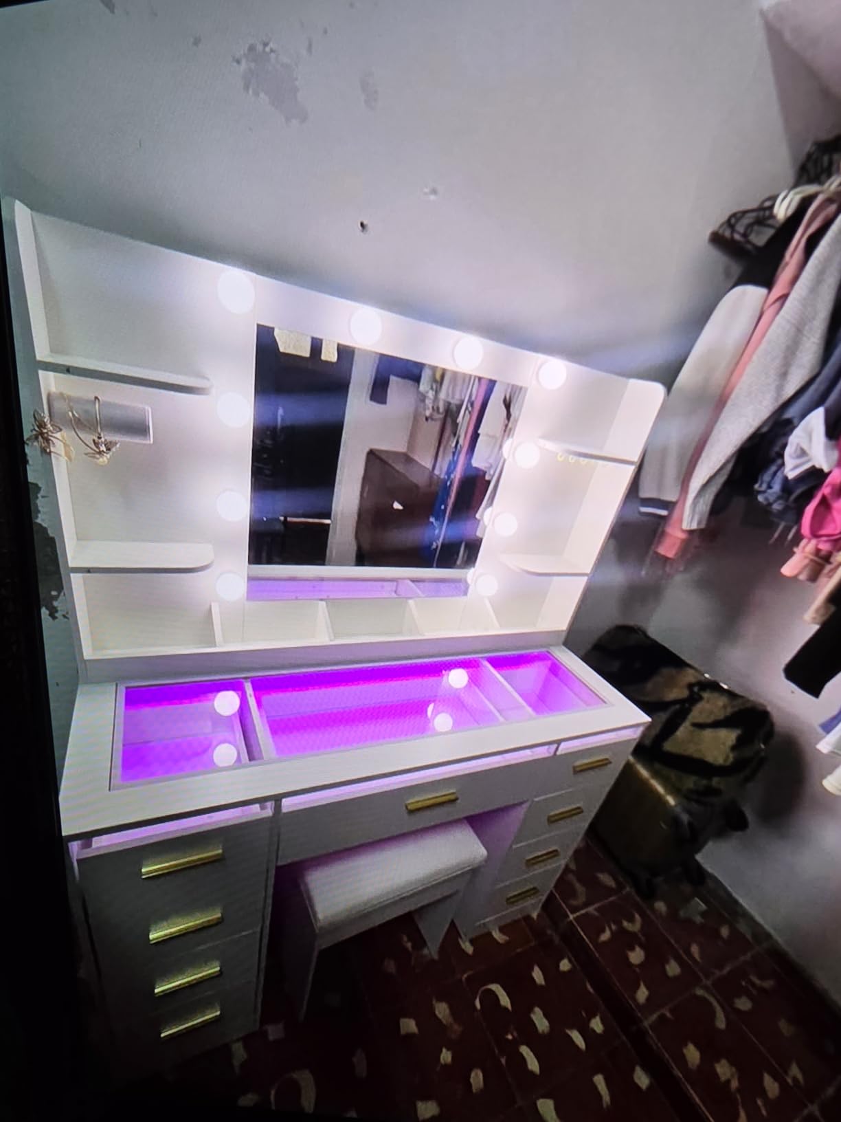 ANWBROAD Large Vanity Desk with Mirror and Lights & Transparent Glass Top | 3 Colors Makeup Vanity Table Set with 9 RGB Drawers, Power Outlet, White Vanity Stool and 4 Shelves for Bedroom Women UBDT94W customer photo 2