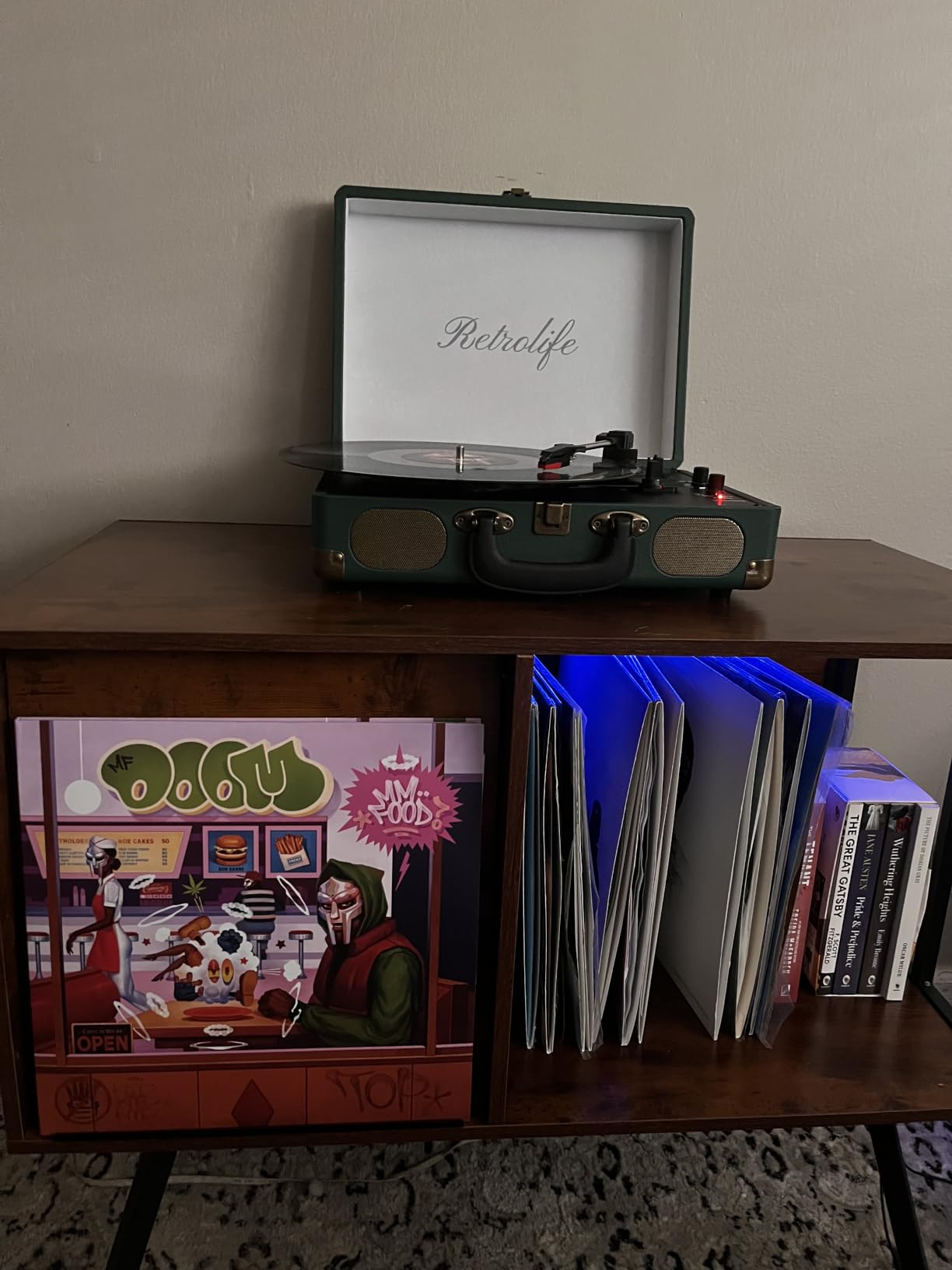 Faesun Record Player Stand with Flip-Down Record Shelf, Walnut | Vinyl Record Storage Holds up to 150+ Albums, Turntable Stand with Album Display, Record Table with Large Open Storage customer photo 1