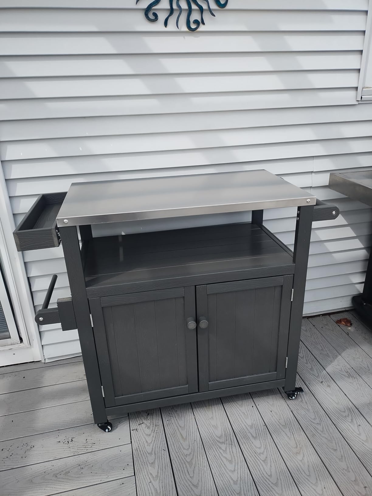Weatherproof HIPS Outdoor Kitchen Island with Stainless Steel Top & Storage Cabinet, Movable Prep Table with Wheels for BBQ Food Prep, Outdoor Grill Cart for Parties, Black customer photo 1